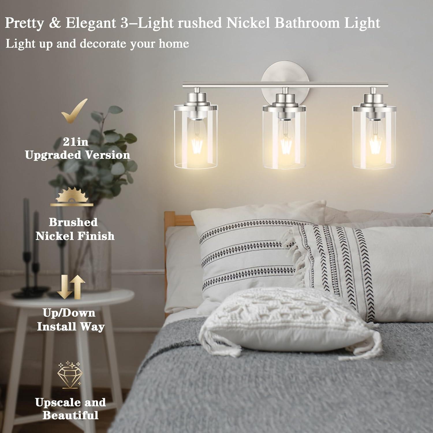 3-Light Bathroom Light Fixtures, Brushed Nickel Vanity Light, Farmhouse Wall Lights with Clear Glass Shade, Bathroom Wall Lamp for Mirror Kitchen Bedroom Hallway Living Room Hallway Cabinet