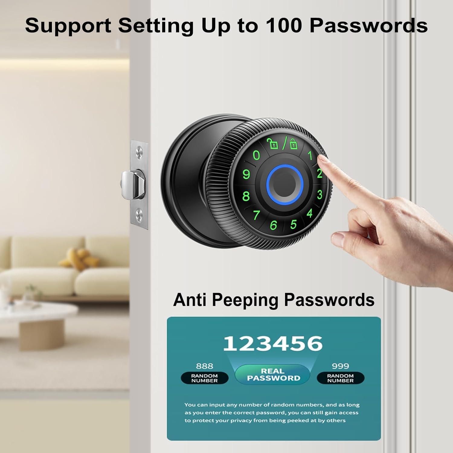 Black Aluminum Smart Fingerprint Door Knob with Keypad