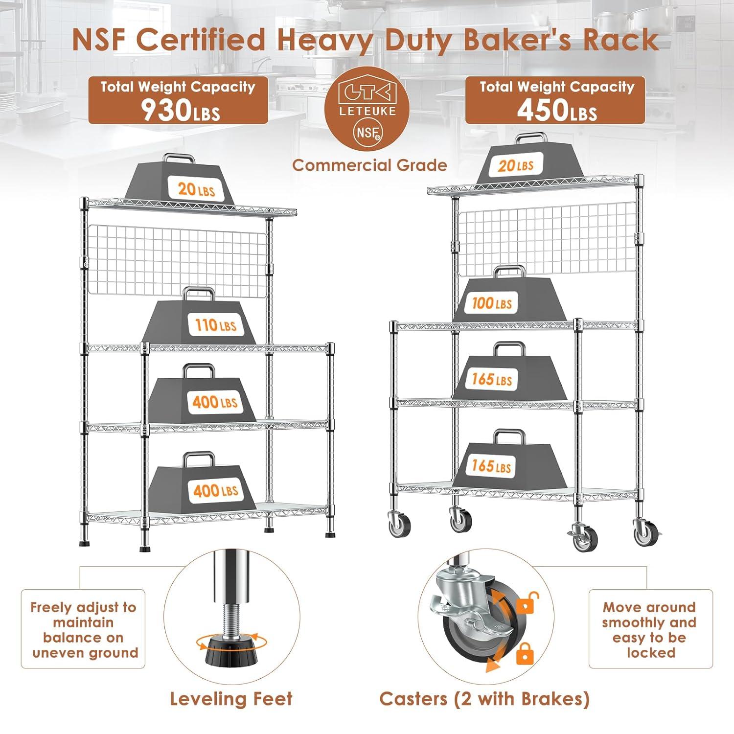 Leteuke Bakers Rack with Storage & Wheels, 42 Inch Microwave Stand Kitchen Shelves, 4-Tier Heavy Duty Storage Rack with 20 S-Hooks, Commercial Metal Utility Kitchen Cart, 42× 18× 63 Inch, Chrome