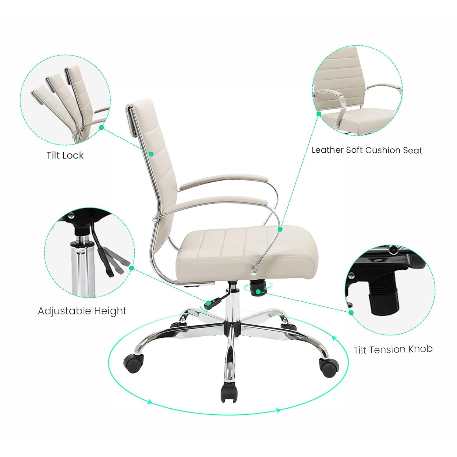 LeisureMod Benmar Mid-Back Office Conference Chair Upholstered in Leather with Swivel and Tilt in Tan