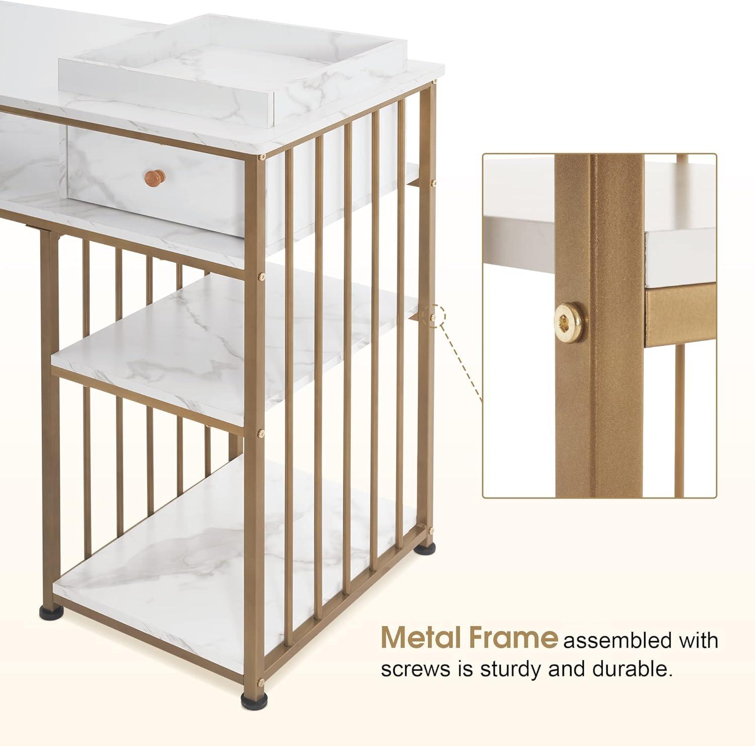 BarberPub Makeup Vanity Desk with Storage, Manicure Table with Metal Frame, Faux Marble Top