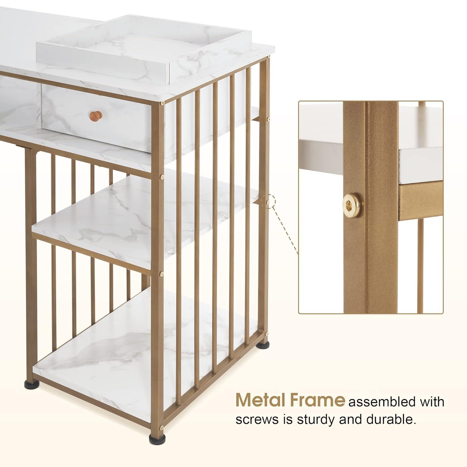 BarberPub Makeup Vanity Desk with Storage, Manicure Table with Metal Frame, Faux Marble Top