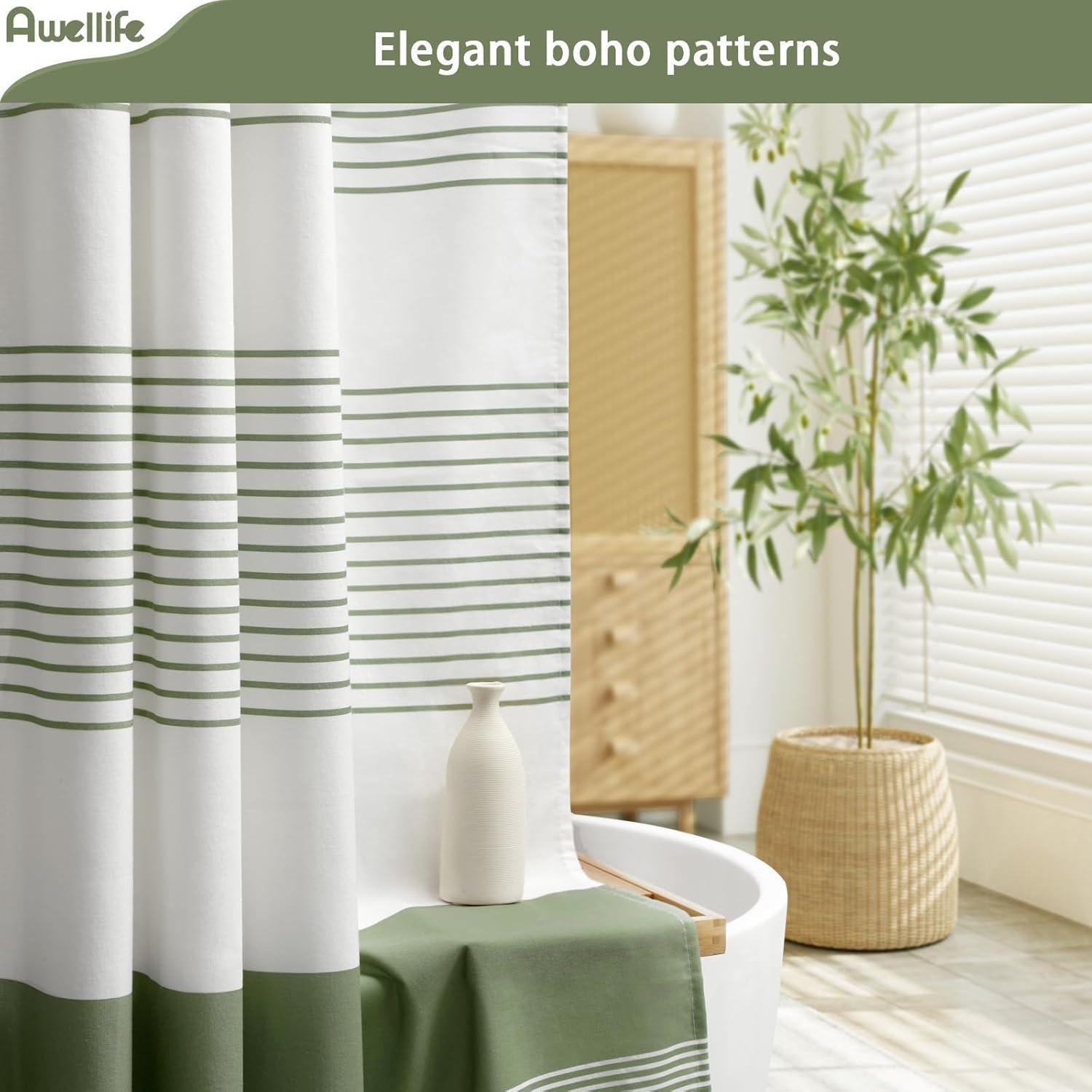 Sage Green and White Striped Boho Shower Curtain with Tassels