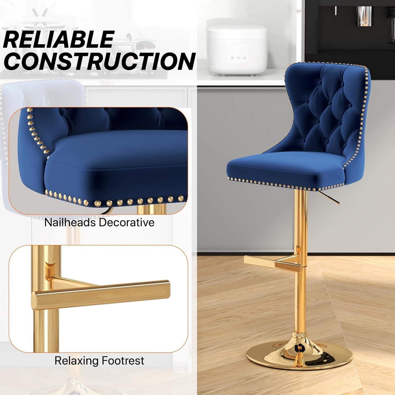 Sesslife Bar Stools with Back Set of 2, 360° Swivel Upholstered Thickened Velvet Fabric High Barstool with Golden Nail Trim, Adjustable Seat Height, Counter Height Bar Chairs for Kitchen Island, Blue