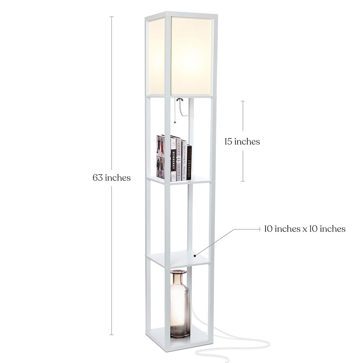 Brightech Maxwell 63" Modern LED Shelf Floor Lamp with White Finish, 3 Tiers, and Fabric Square Shade, Bulb Included