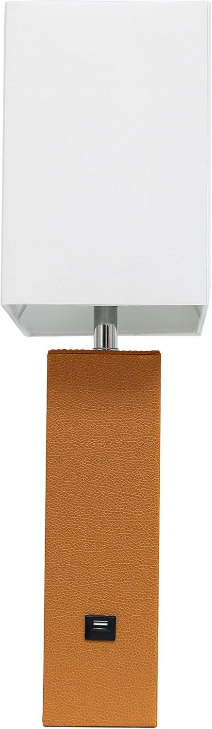 21" Lexington Leather Base Modern Home Decor Bedside Table Lamp with USB Charging Port and Fabric Shade Tan/White - Lalia Home: No Assembly
