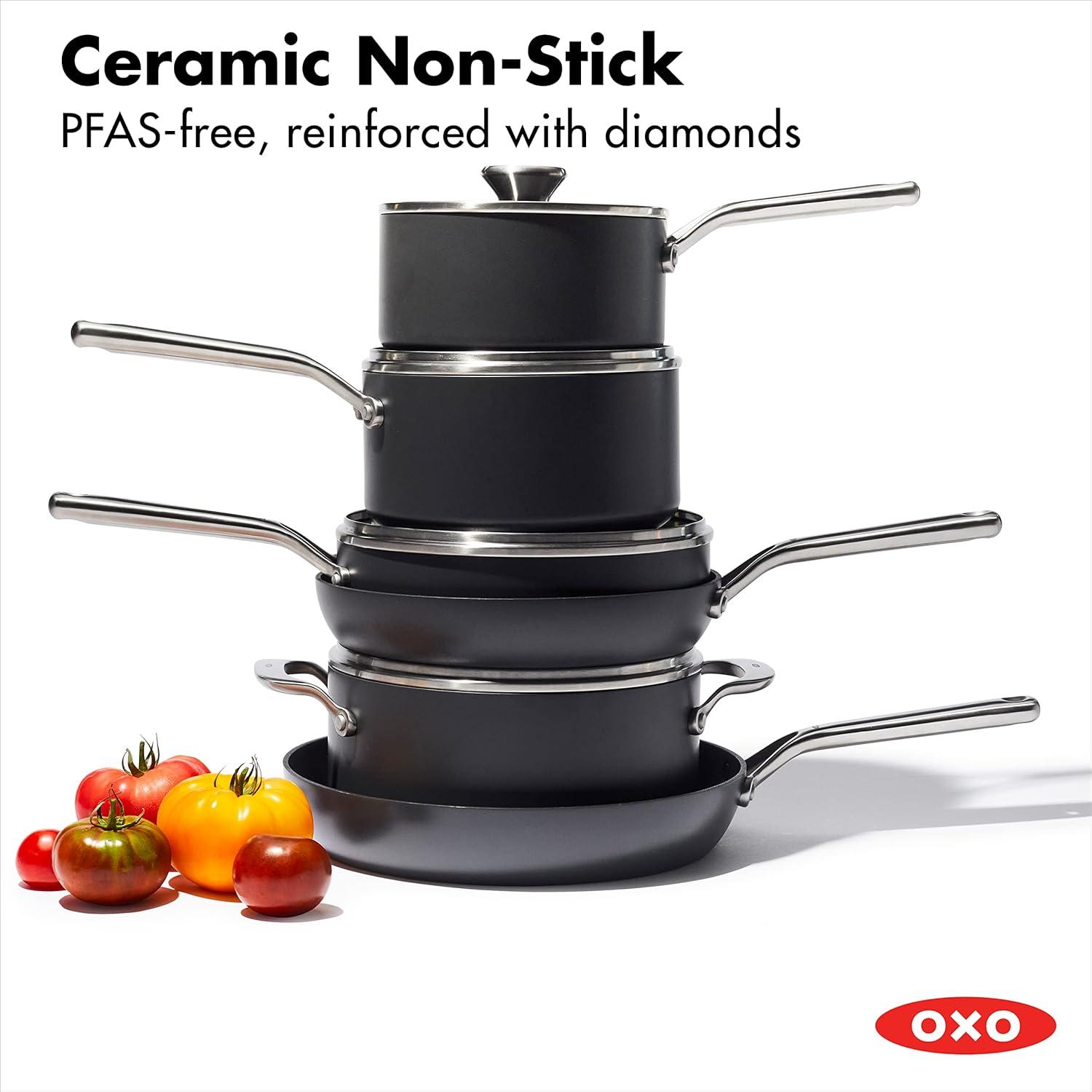 OXO 10pc Ceramic Pro Non-Stick Cookware Set Gray: Aluminum, Dishwasher-Safe, Induction & Gas Compatible, Lifetime Warranty