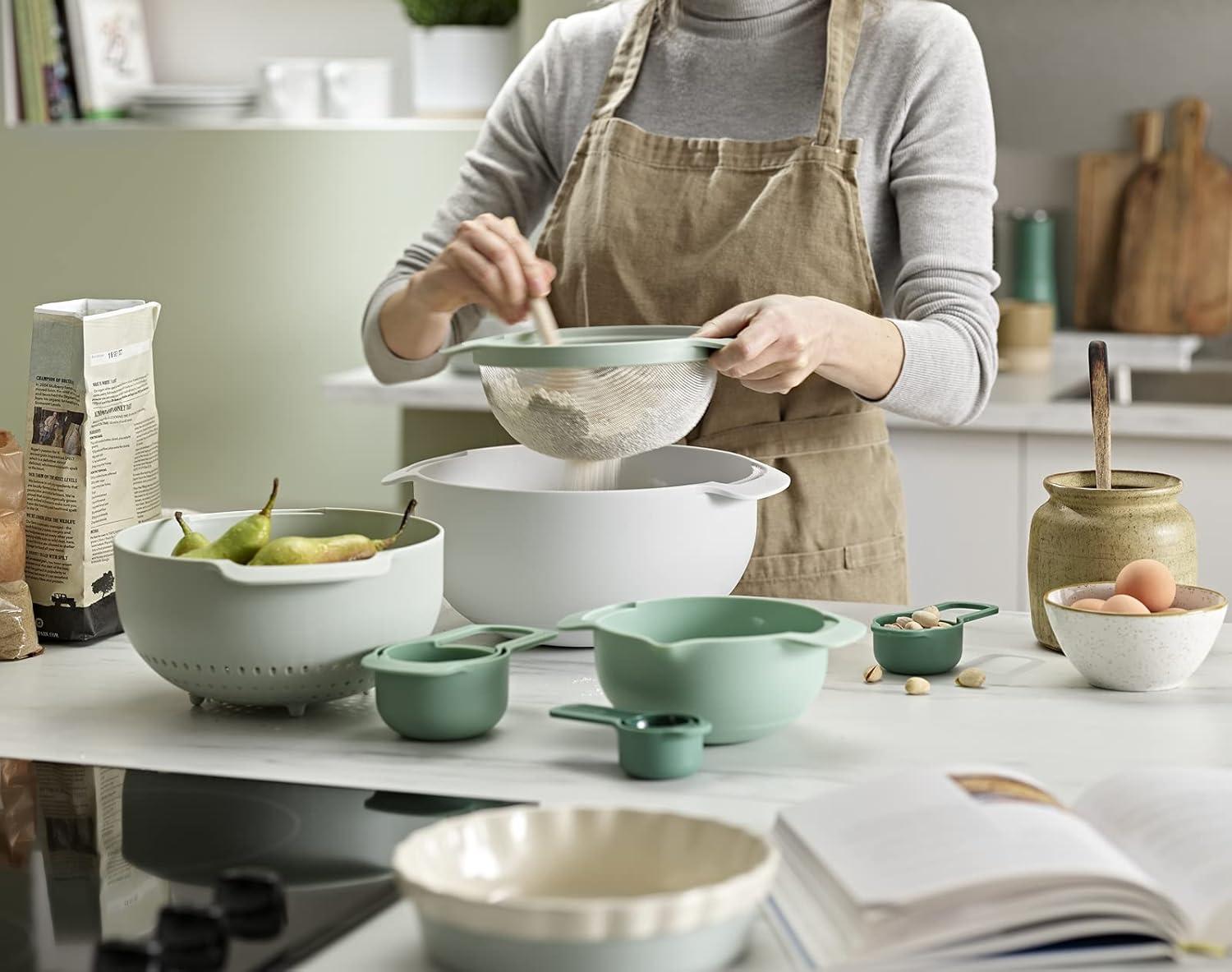 Joseph Joseph Nest 9 Plus, 9 Piece Compact Food Preparation Set with Mixing Bowls, Measuring cups, Sieve and Colander, Editions Range, Sage Green