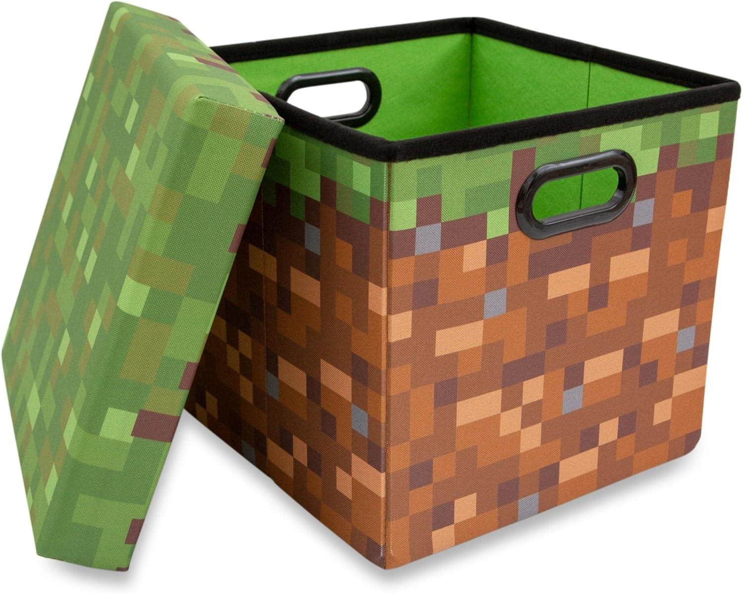 Ukonic Minecraft Grassy Block Fabric Storage Bin Cube Organizer with Lid | 13 Inches