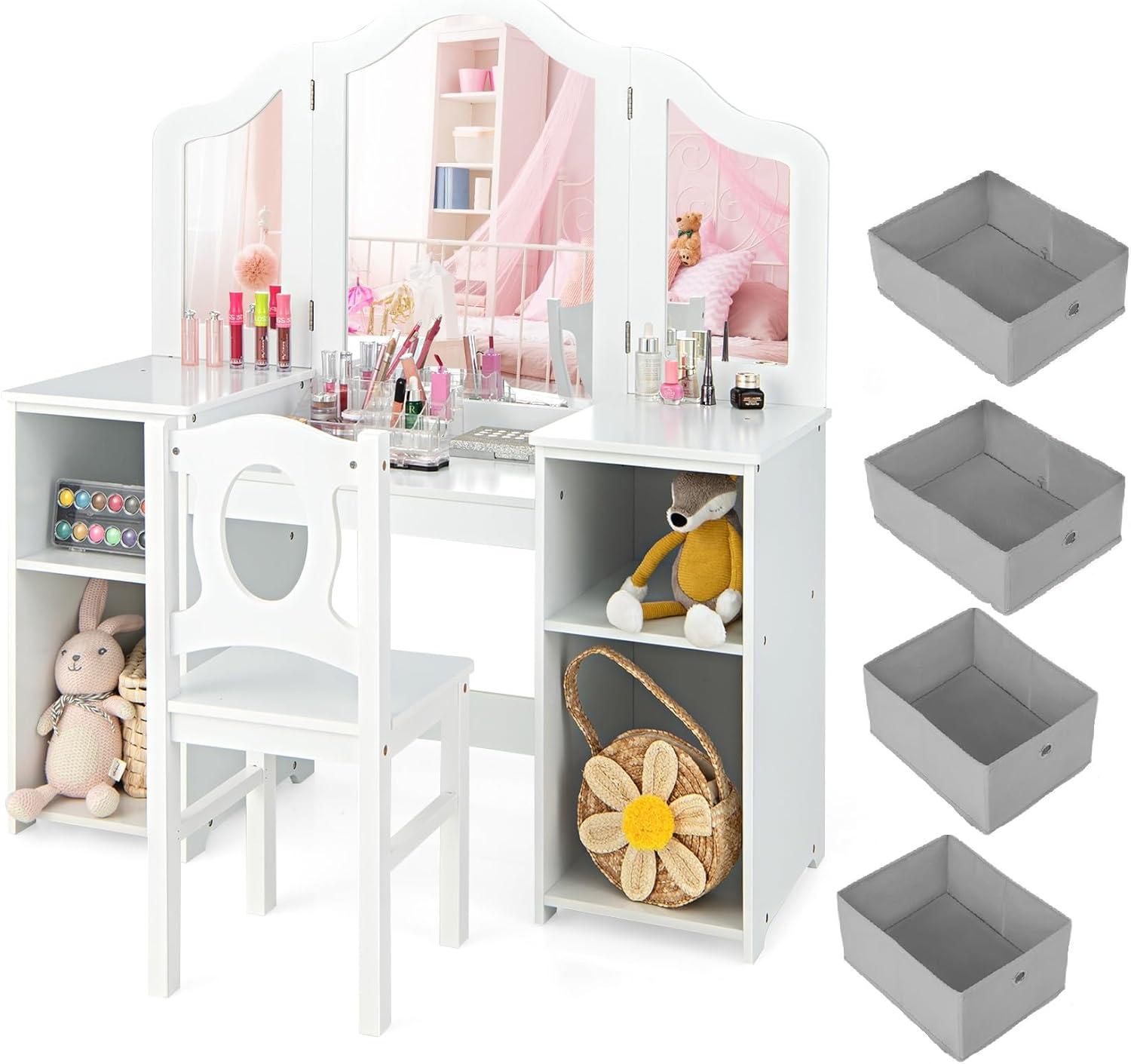 Pink MDF Princess Vanity Table with Tri-Folding Mirror and Chair