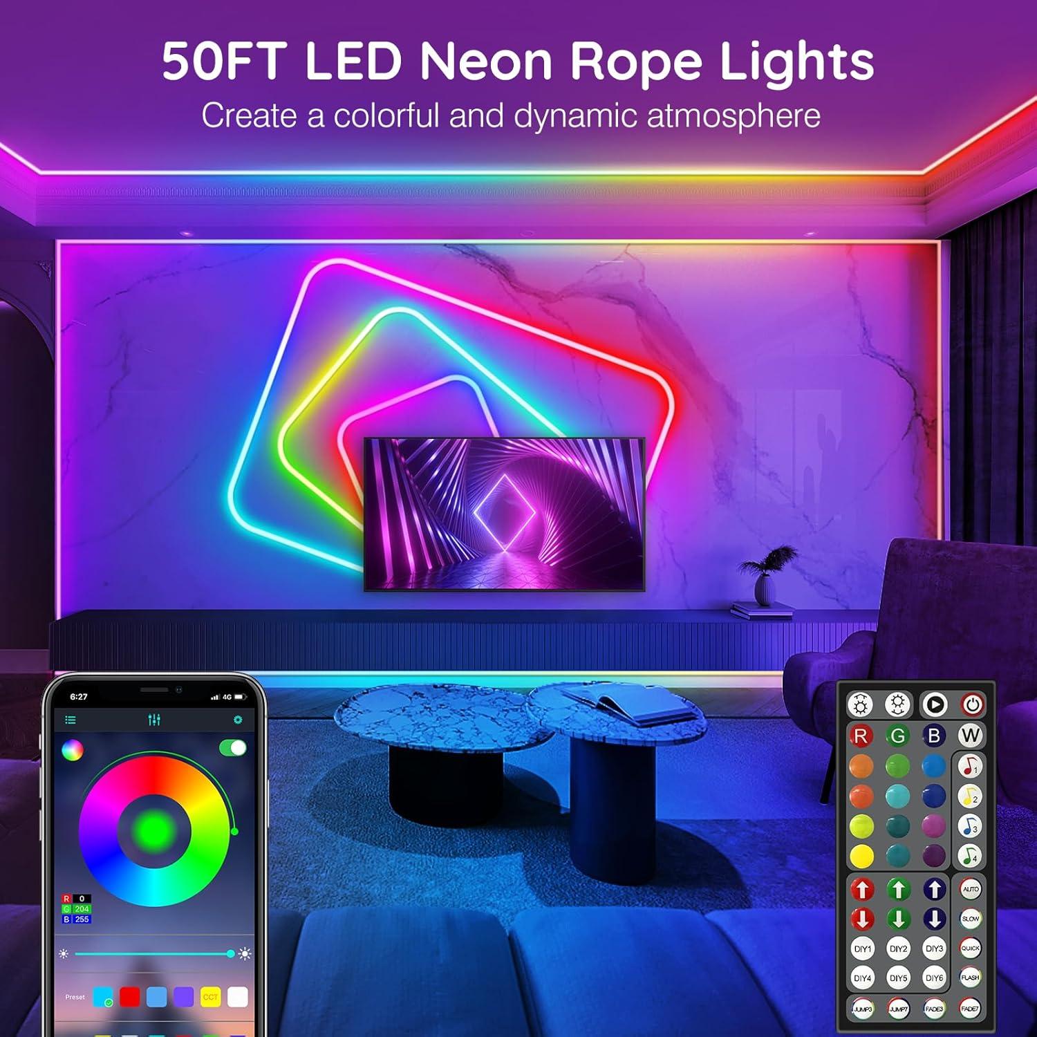 50ft RGB LED Neon Rope Lights with Remote Control