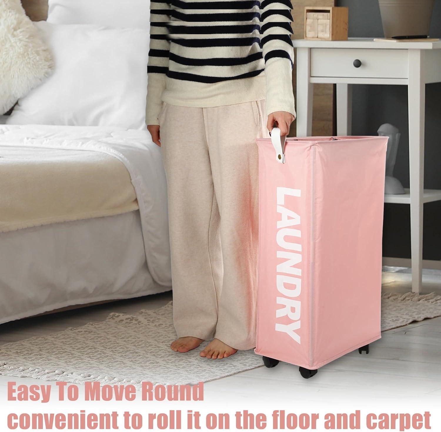 Unique Bargains Laundry Hamper with Wheels with Handle 27" Tall 1 Pc Pink