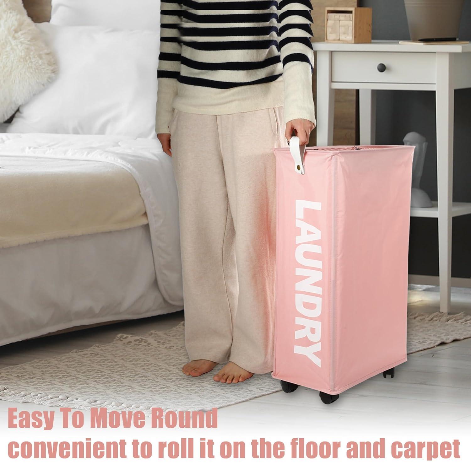 Unique Bargains Laundry Hamper with Wheels with Handle 27" Tall 1 Pc Pink