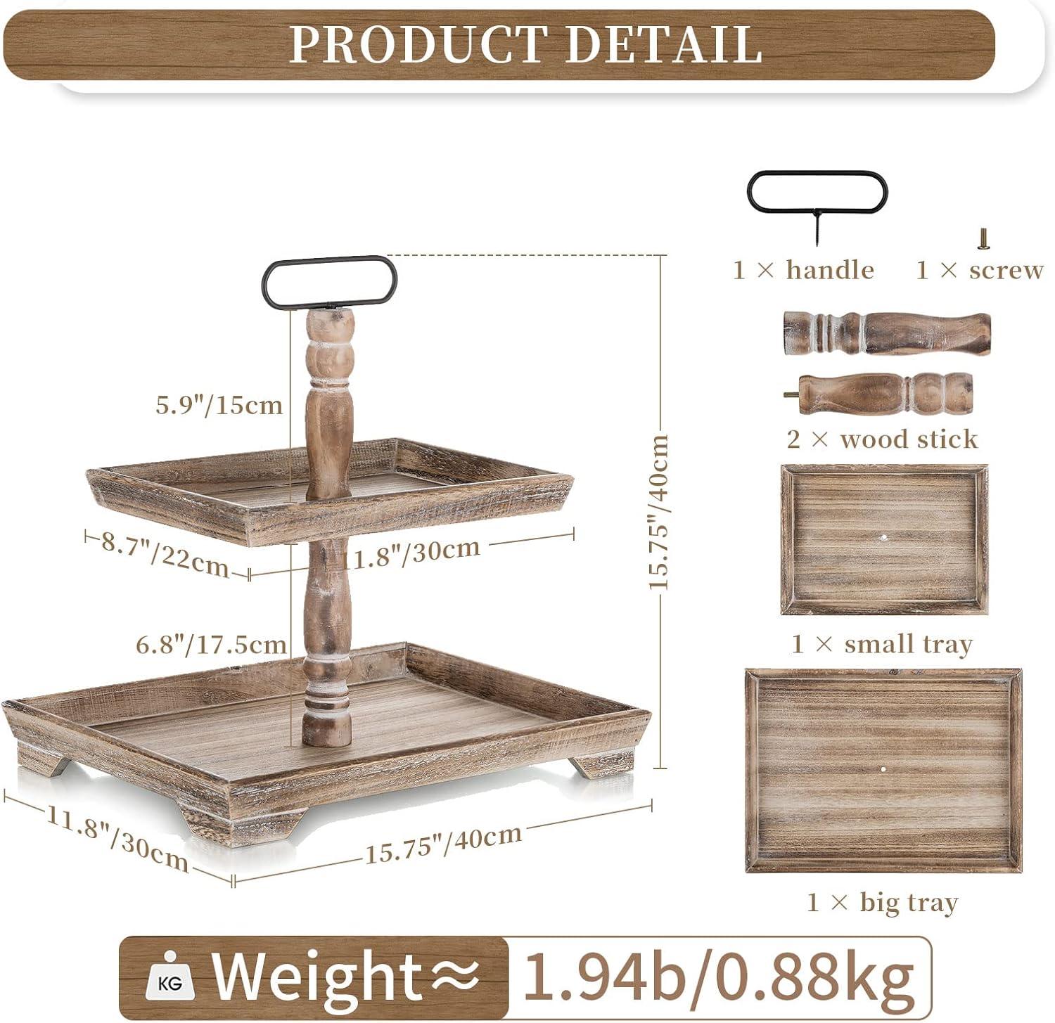 Ophelia & Co. Farmhouse Tiered Tray Stand: Rustic Wood 2 Tier Serving Tray Decor Two Rectangle Wooden For Kitchen Counter Centerpieces Coffee Bar Easter Fall Halloween Thanksgiving Christmas