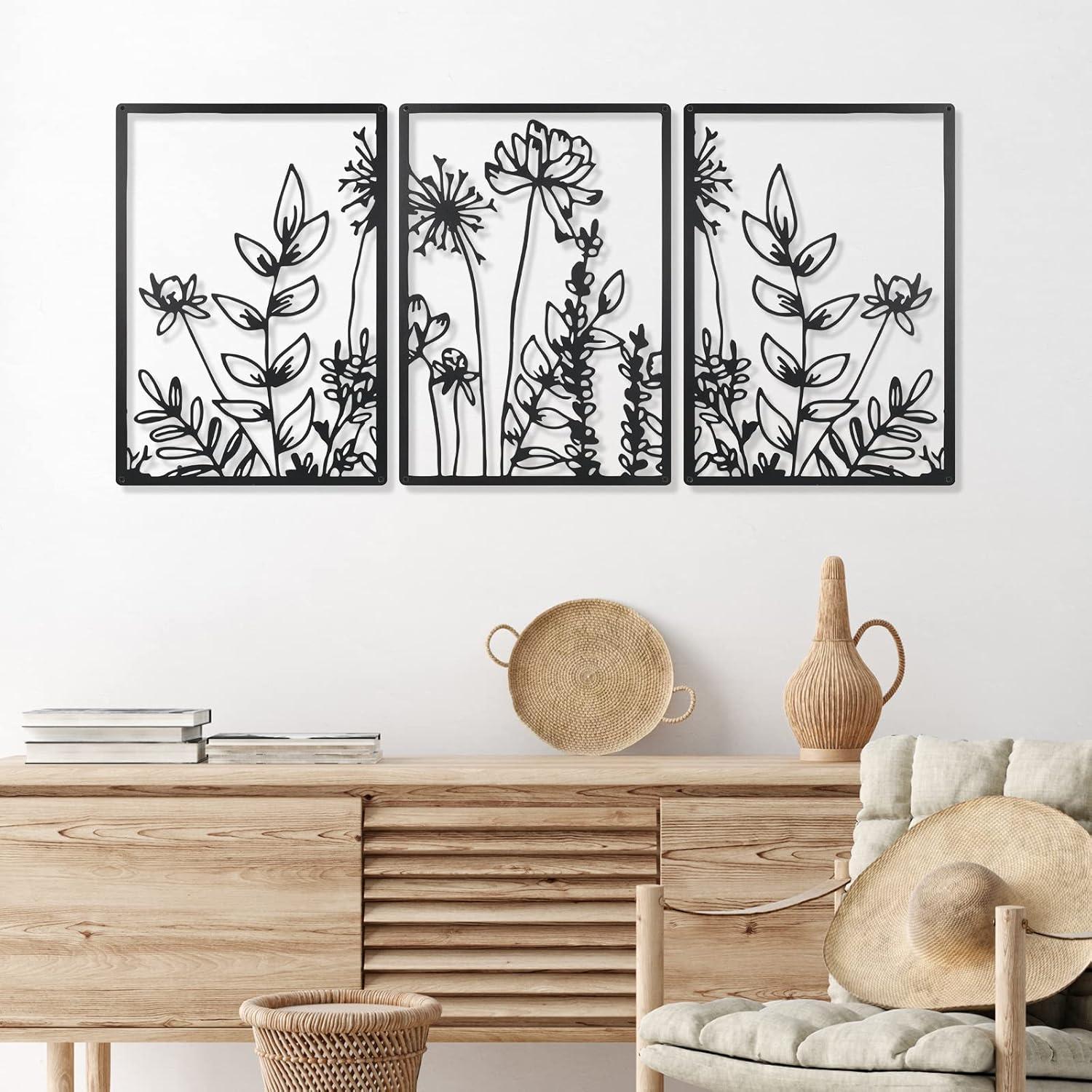 Black Metal Floral Minimalist Wall Art Set of 3