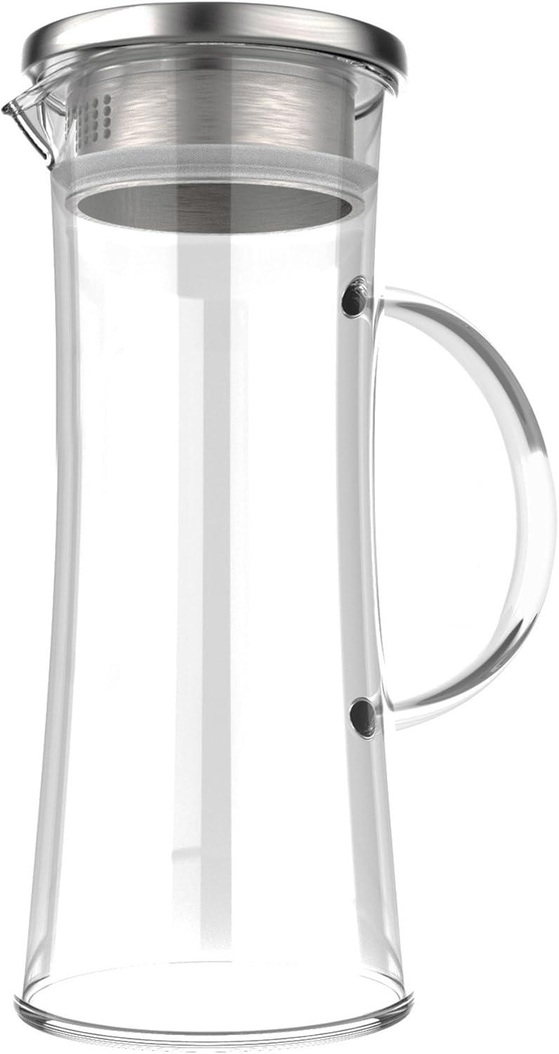 Glass Pitcher-50oz. Carafe with Stainless Steel Filter Lid- Heat Resistant to 300F-For Water, Coffee, Tea, Punch, Lemonade and More by Classic Cuisine