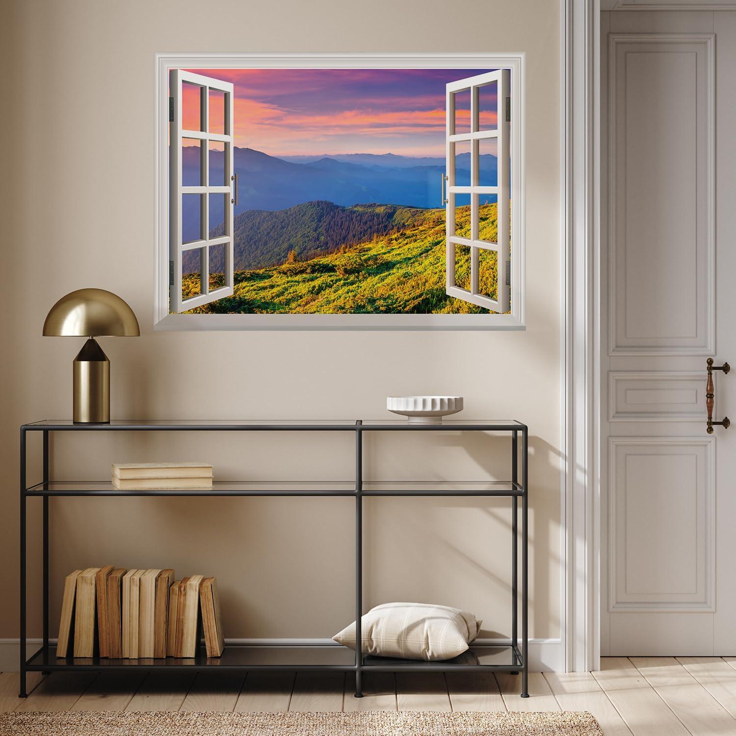 wall26 Removable Wall Sticker/Wall Mural - Beautiful View of Mountain Range at Sunrise | Creative Window View Wall Decor - 24 Inchx32 Inch