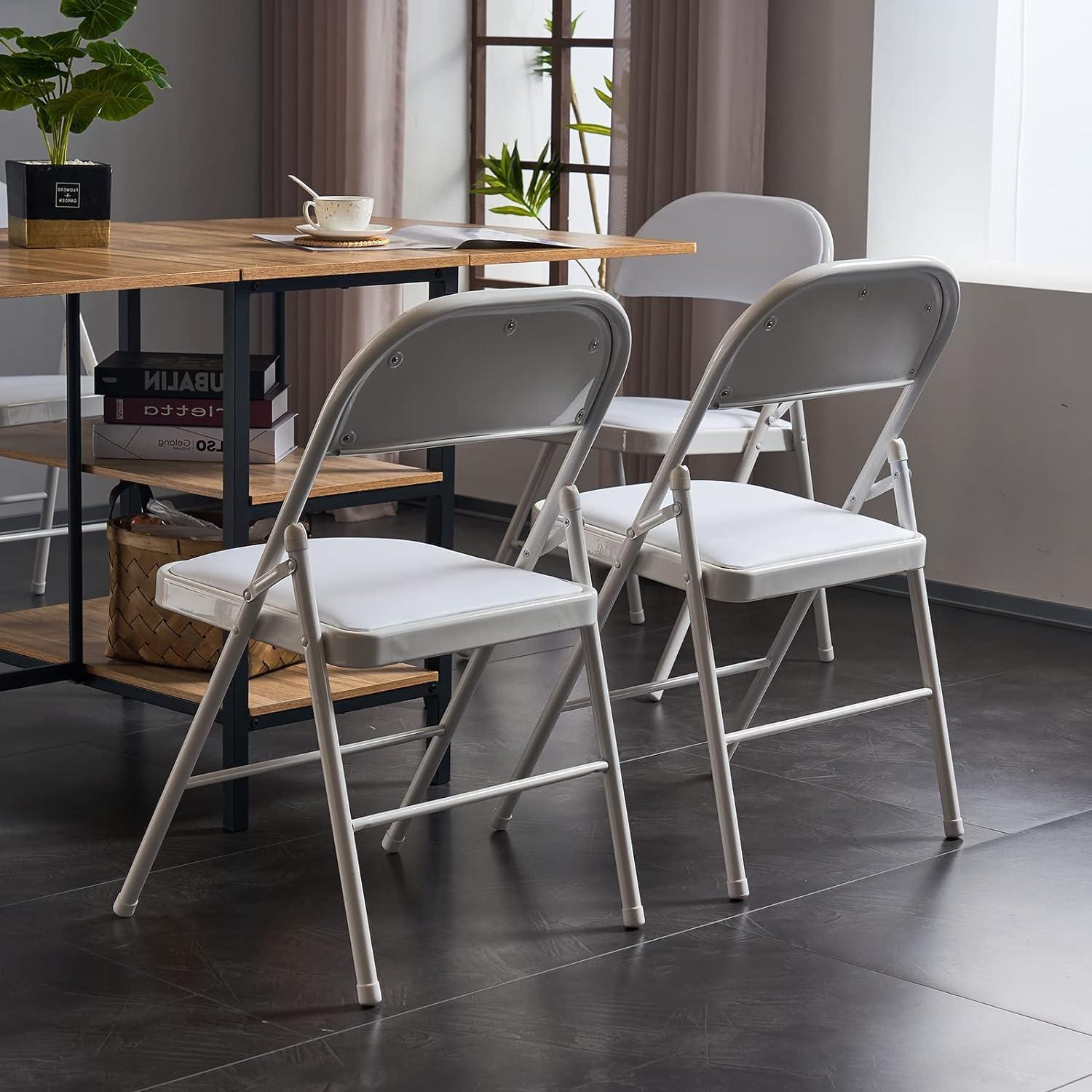 Simpli Magic Padded Folding Chairs White Metal Folding Chairs with Padded Cushion and Back, 4 Pack