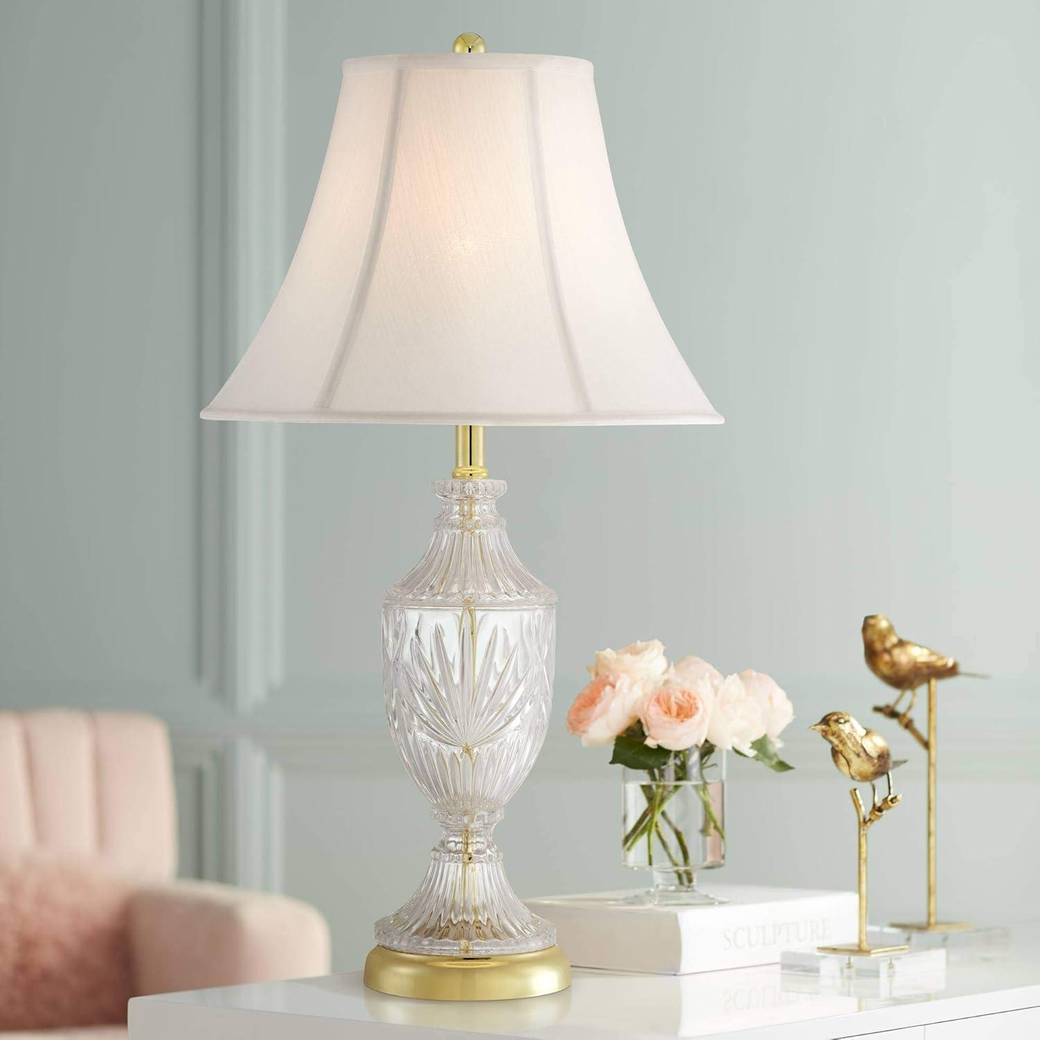 Traditional Cut Glass Urn Table Lamp with Brass Accents and White Shade