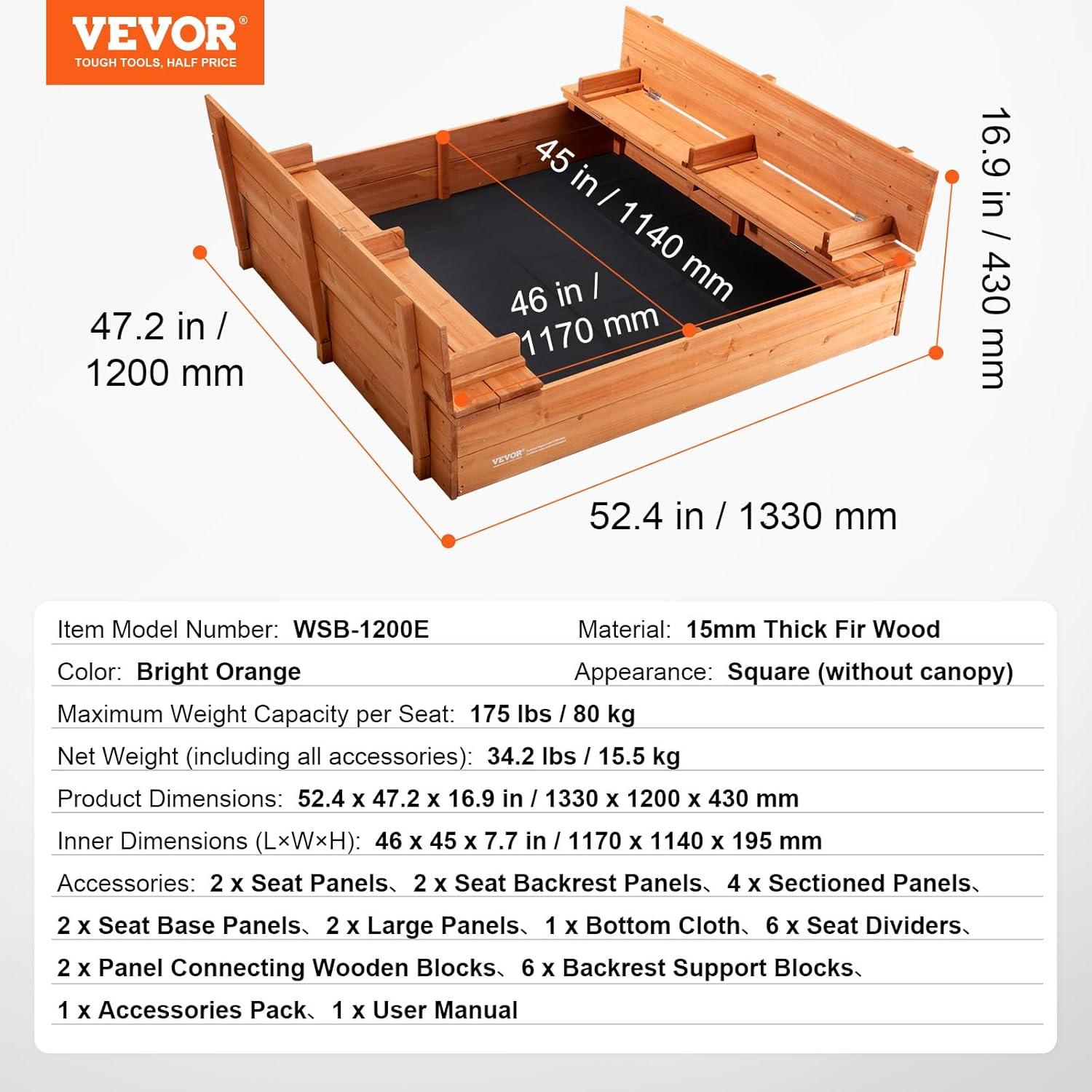 Natural Fir Wood Square Sandbox with Foldable Bench Seats