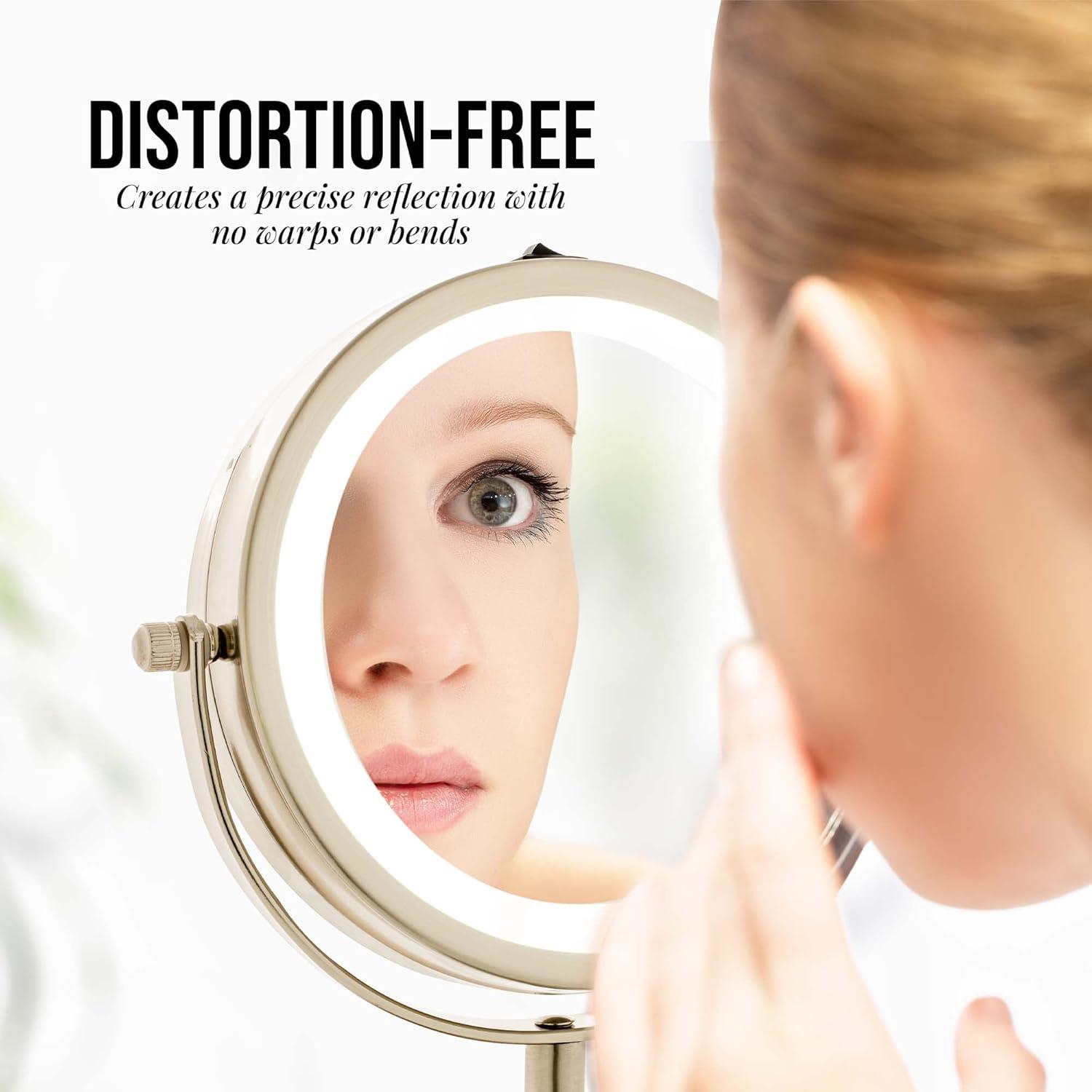 Ovente OVENTE 6" Lighted Makeup Mirror with 1X/7X Magnification, Cordless Tabletop Mount Vanity Round Mirror with 360° Swivel Design and Double Sided Cool Tone LED Ring Light, Nickel Brushed MLT60BR1X7X