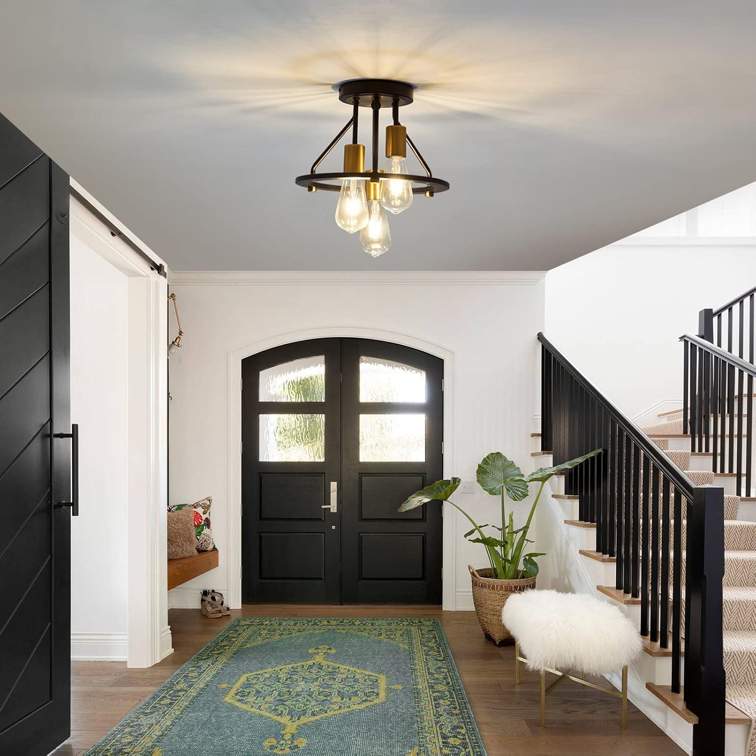 Matte Black and Gold Industrial Semi Flush Mount Ceiling Light