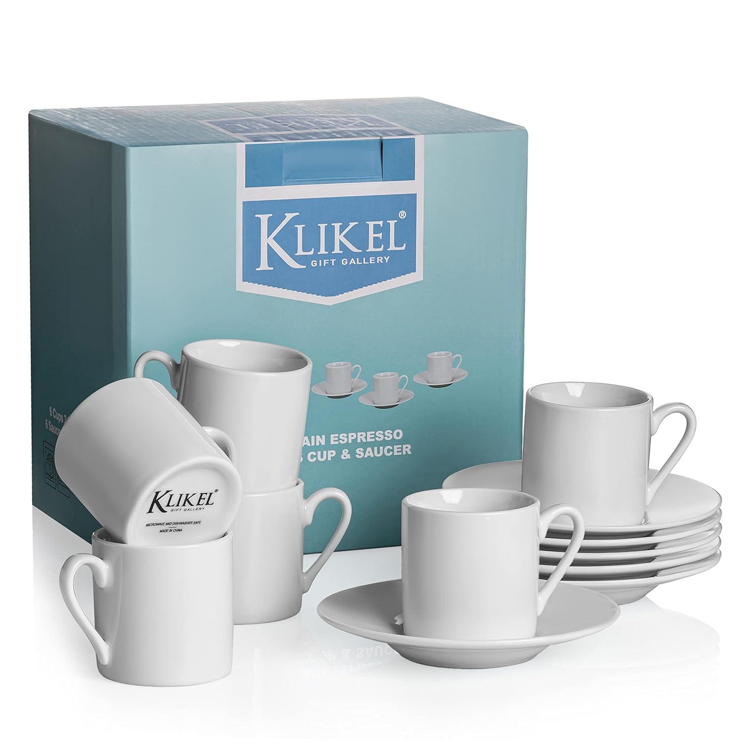 Klikel Tea Cups And Saucers Set - 6 Piece White Coffee Mug Set - 6 Inch Plates And 8.5oz Mugs - Cappuccino Cup And Saucer Set For Latte Cafe Mocha Espresso Bar