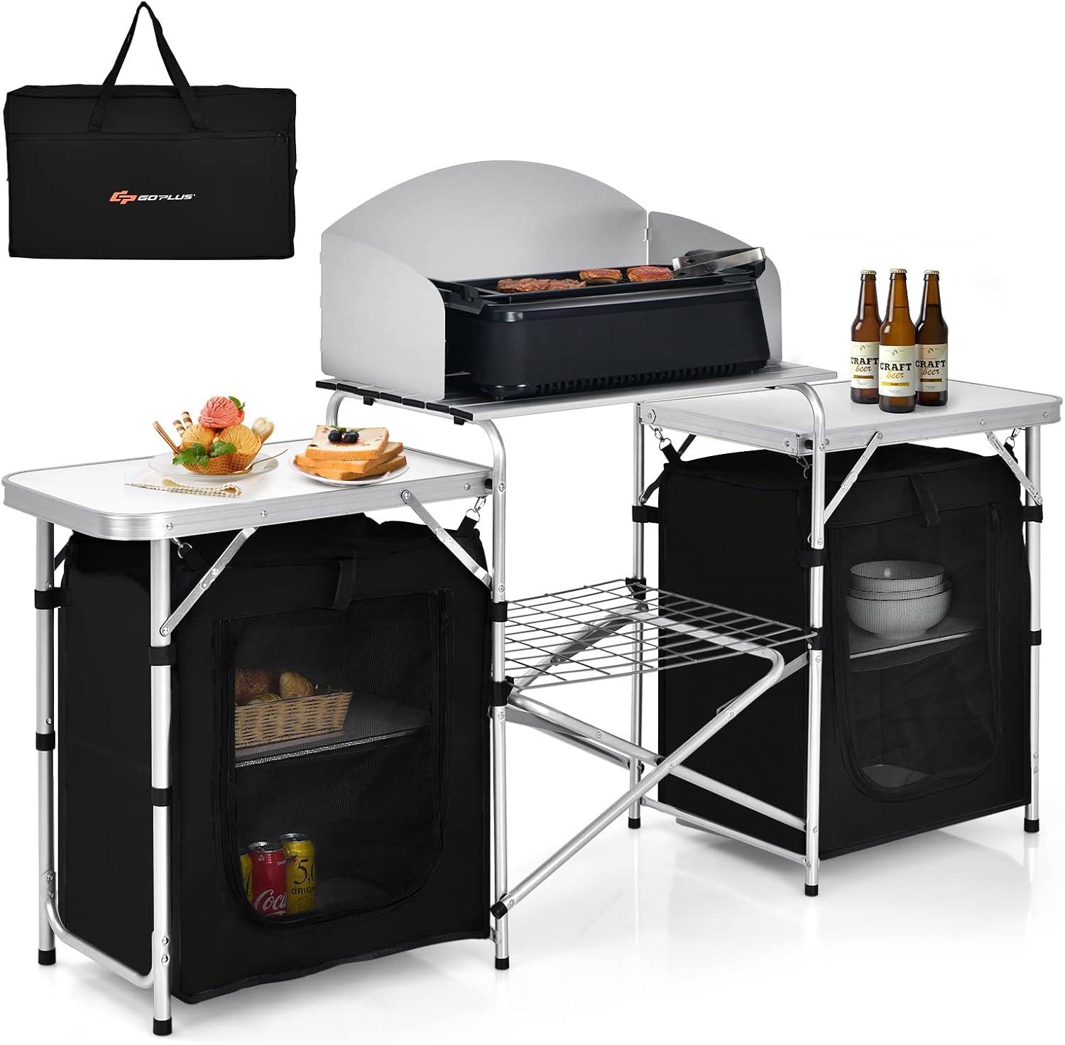 Black Aluminum Folding Camping Kitchen Table with Storage and Windscreen