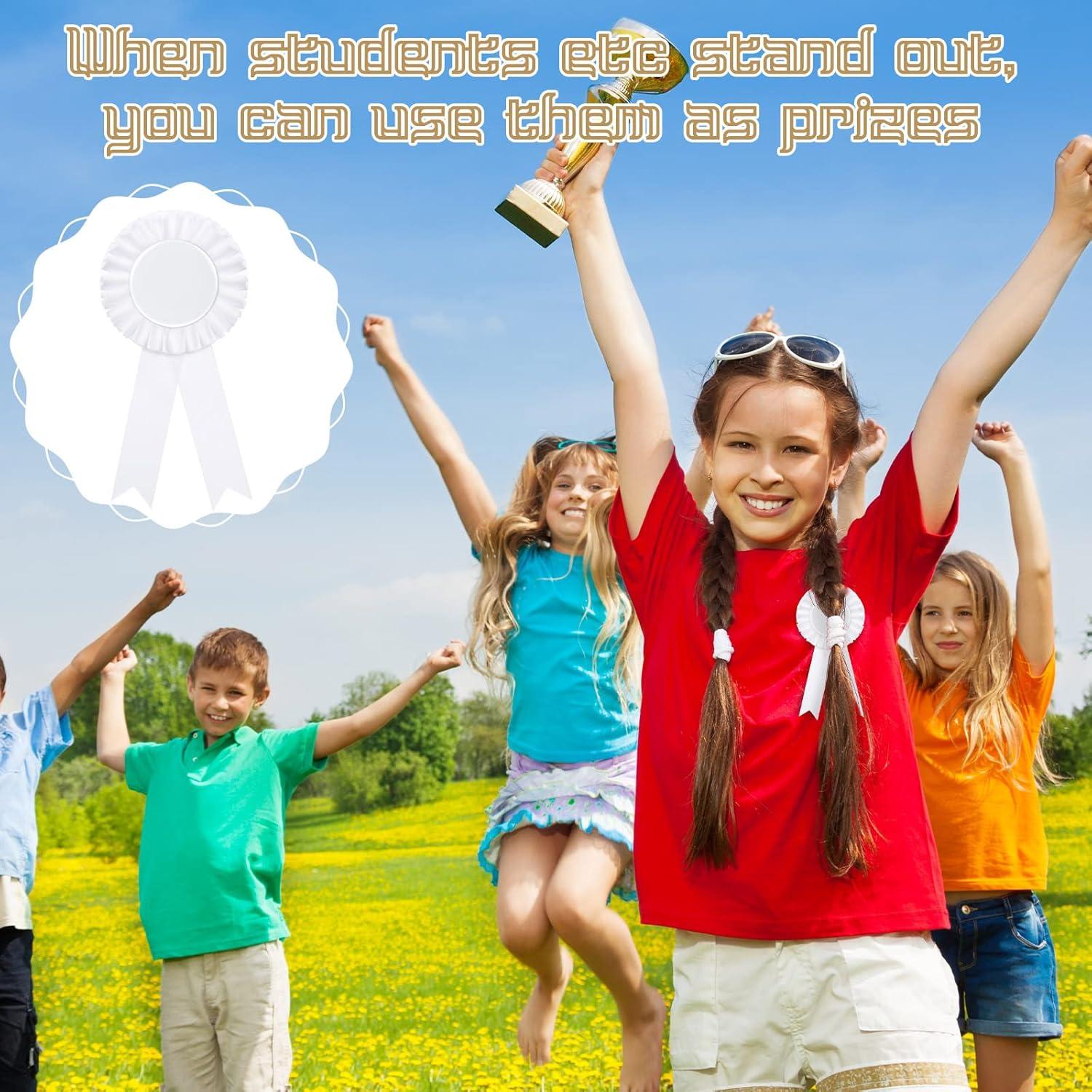 12Pcs White Brooch Winner Blank Award Ribbon Button Pin Victory Ribbons Rosette Ribbon Grand Prize for DIY Classroom Party Accessory Competition Sports Event School Contests Show