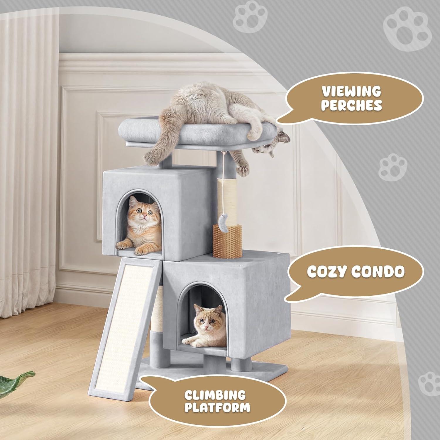 Magshion 34-in Cat Tree & Kittens Play House, Double Level Plush Cat Condo for Indoor Cats, Light Gray