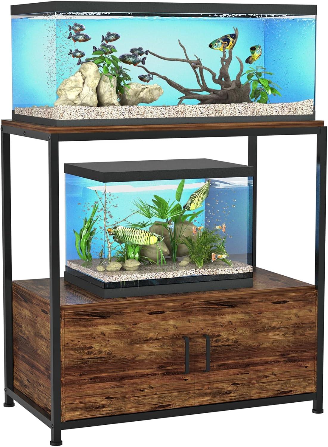 Rustic Brown Metal and Wood Fish Tank Stand with Storage Cabinet