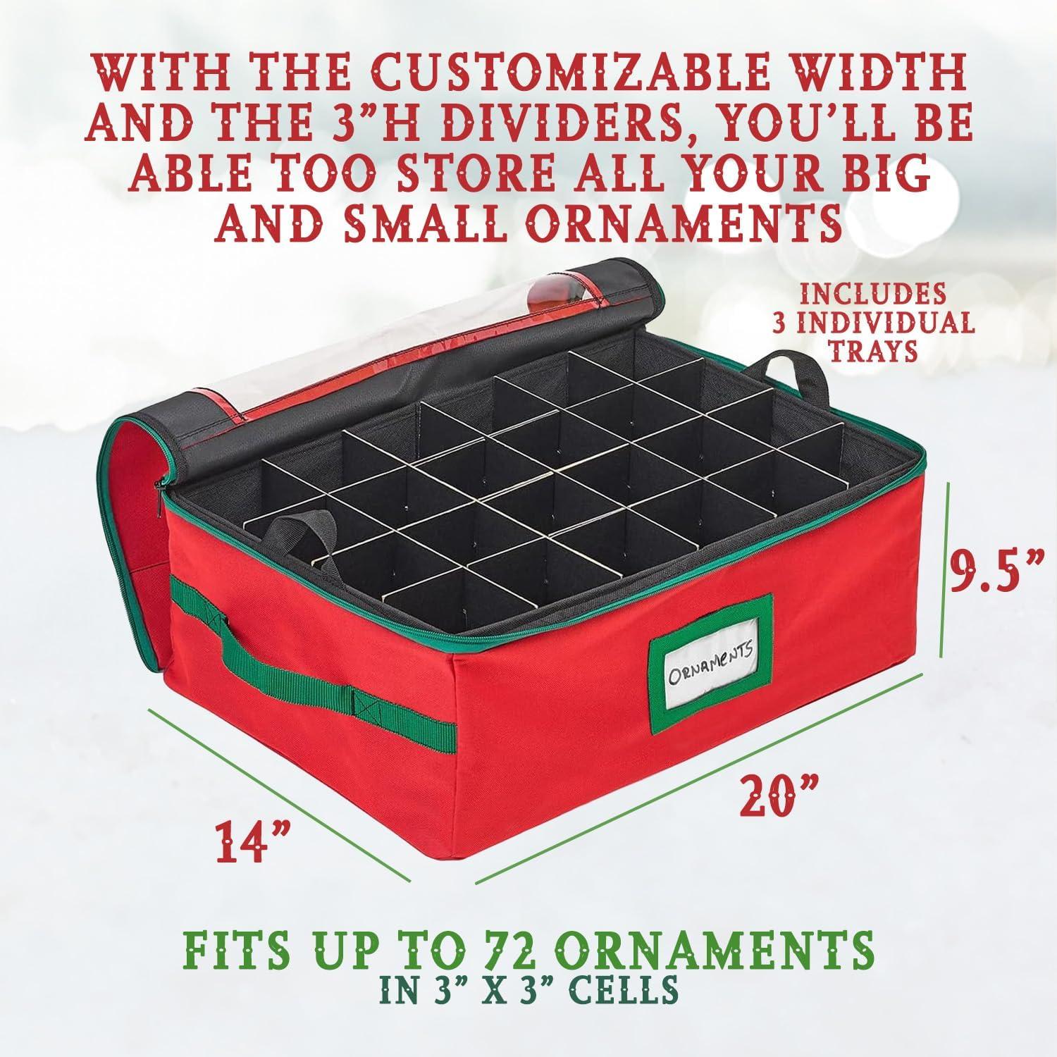 HOLDN’ STORAGE Christmas Ornament Storage Box with Dividers - Fits 72-3” Ornaments, 3 Removable Trays, Durable & Space-Saving, Clear Top Lid, Convenient Storage Designed, Red