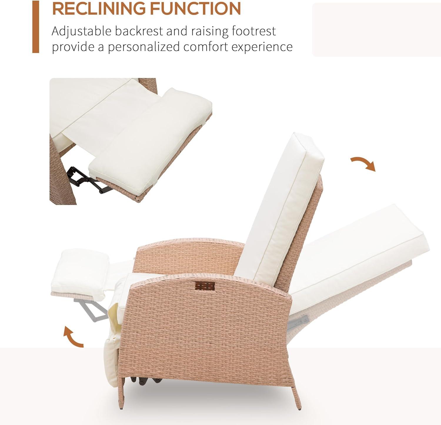 Beige Wicker Outdoor Recliner with Cushions and Tray