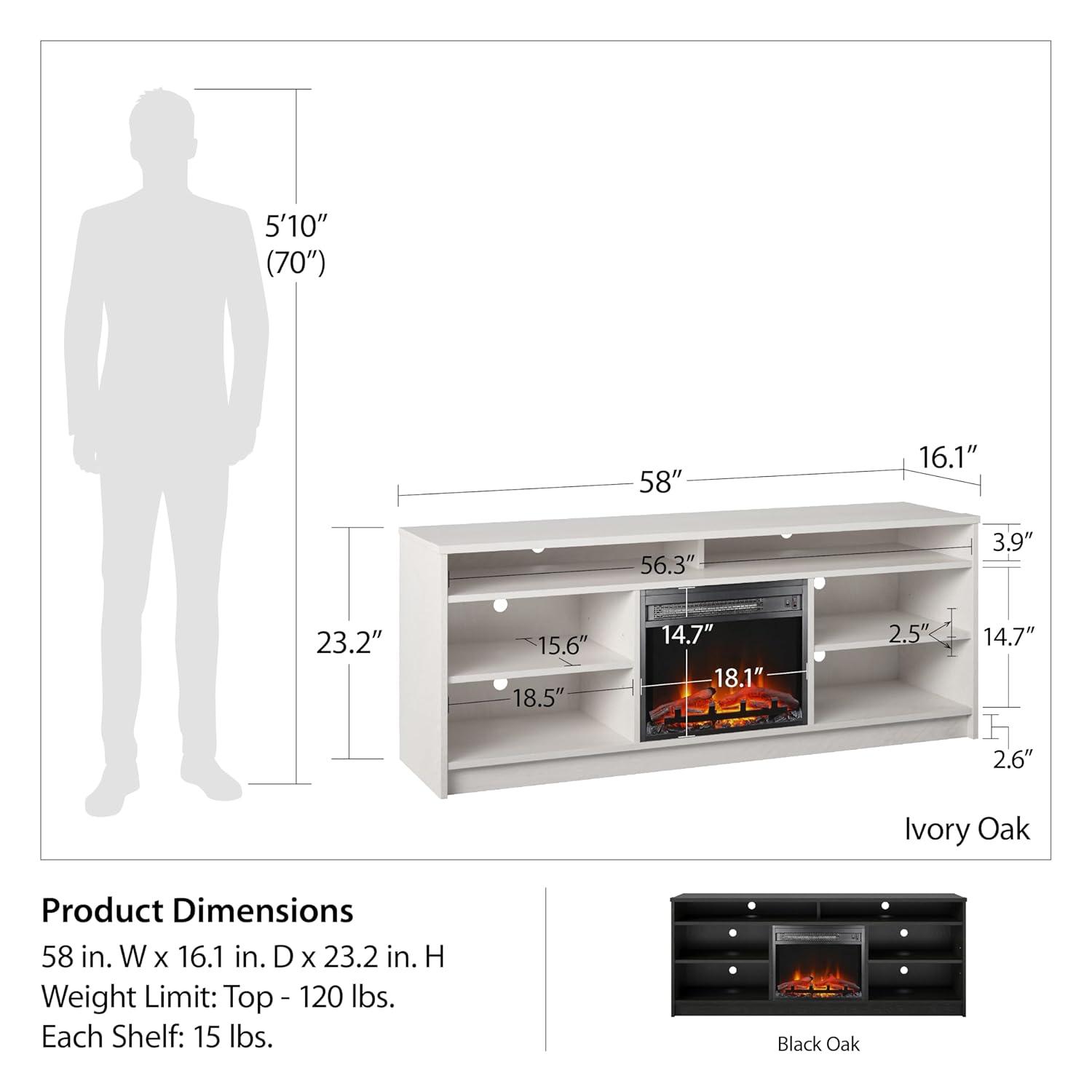 Ameriwood Home Hendrix Electric Fireplace Space Heater TV Stand for TVs up to 65" with 6 Shelves, Black Oak