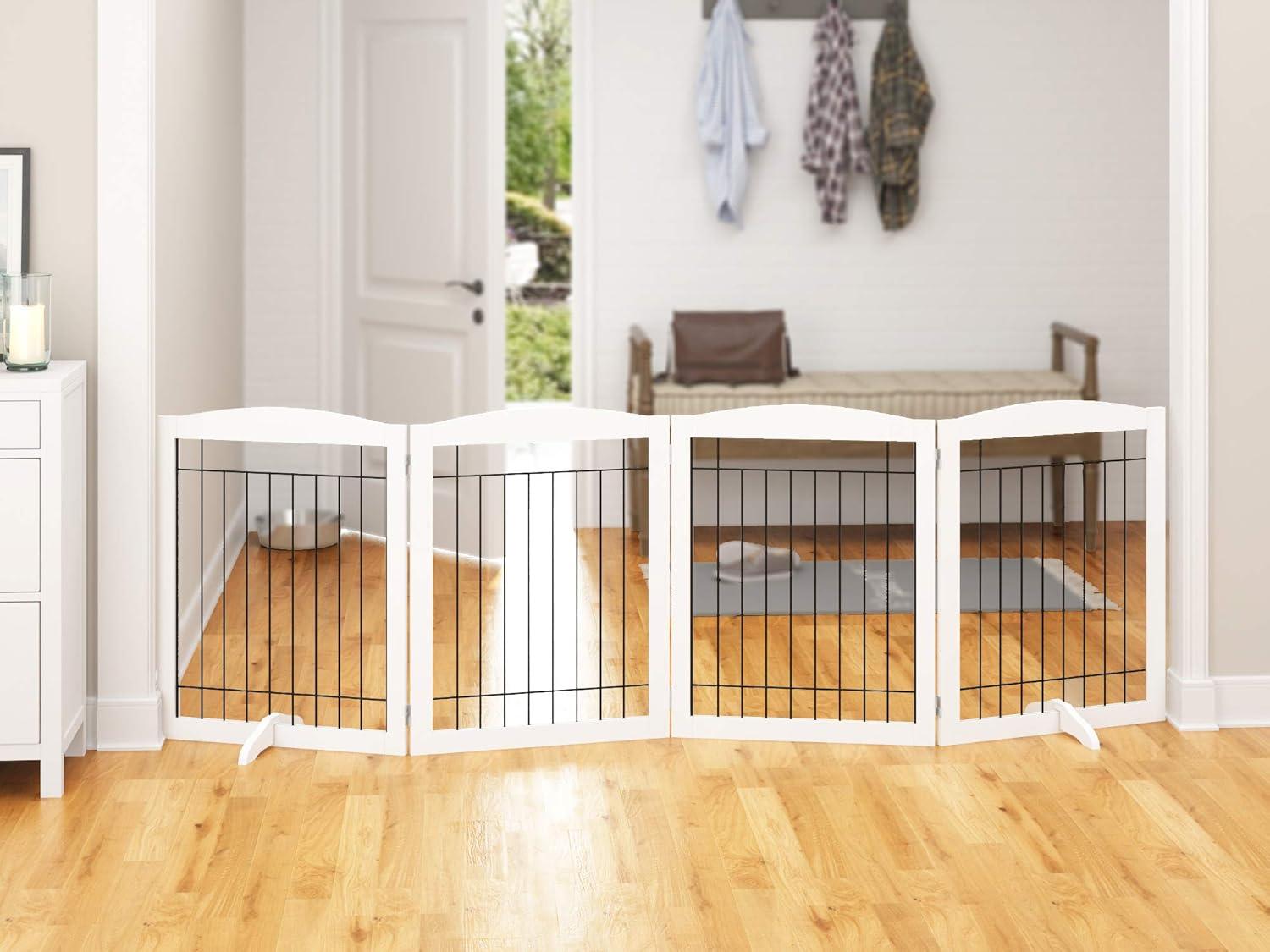 White Freestanding Foldable Wooden Pet Gate with Steel Wire