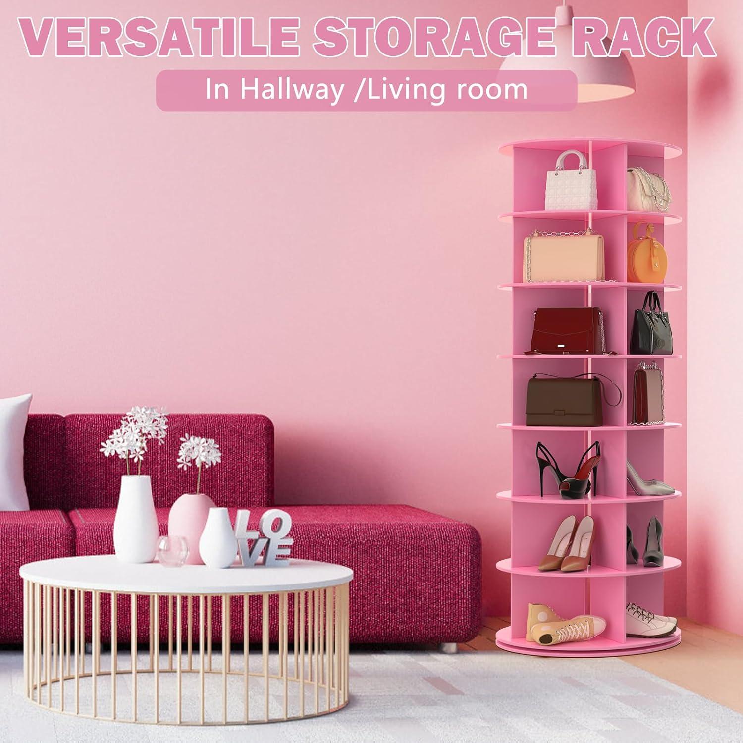 Pink 7-Tier 360° Rotating Shoe Rack with Stainless Steel Frame