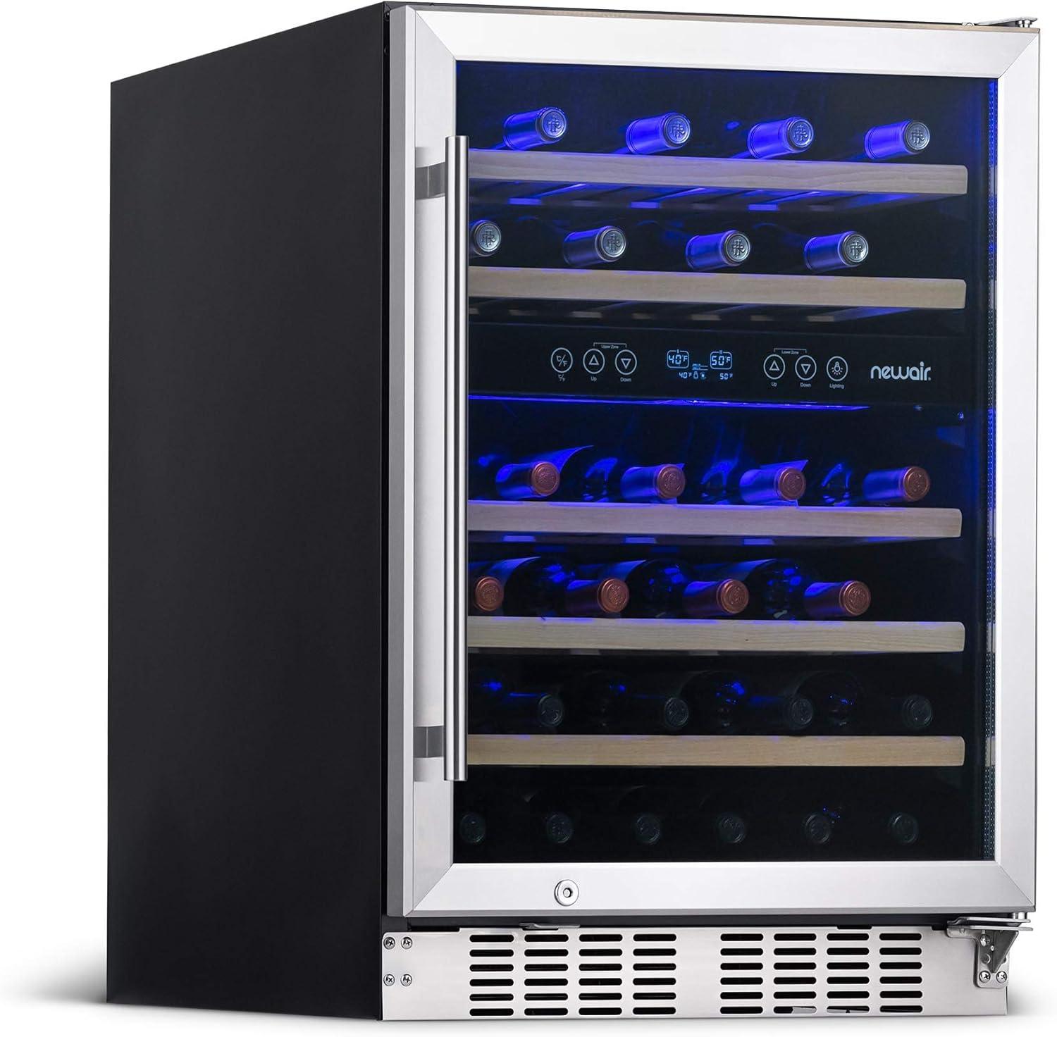 Newair 46 Bottle Dual Zone Built-in Wine Refrigerator with Beechwood Shelves and Recessed Kickplate