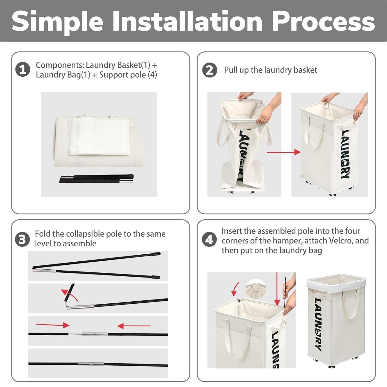 CHICVITA 2-Pack Laundry Baskets with Wheels and Handle,75L Collapsible Clothes Basket with Removable Wash Bags for Dorms and Corners, White Rolling Laundry Hamper