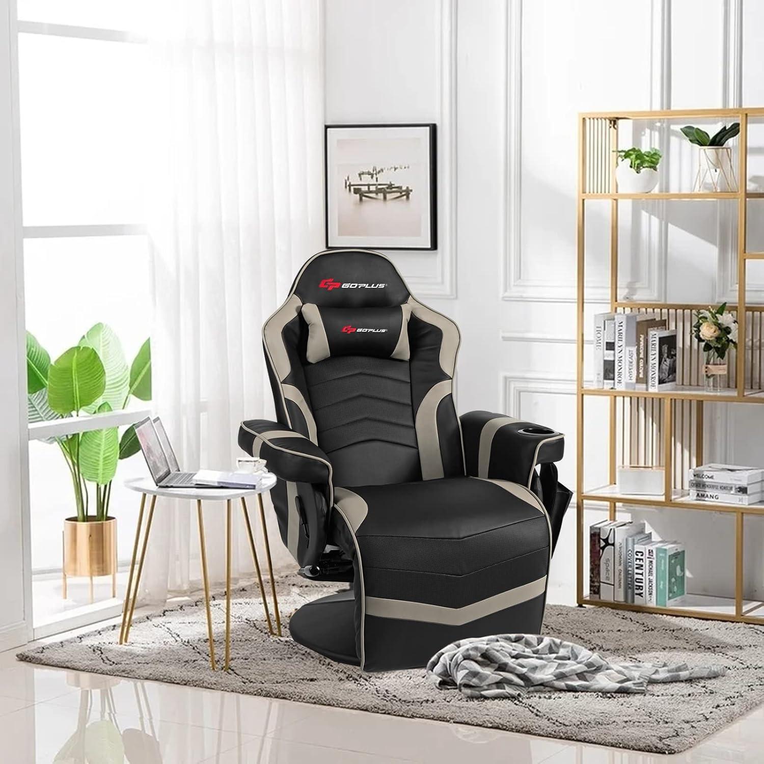Costway Massage Gaming Recliner Reclining Racing Chair Swivel Gray