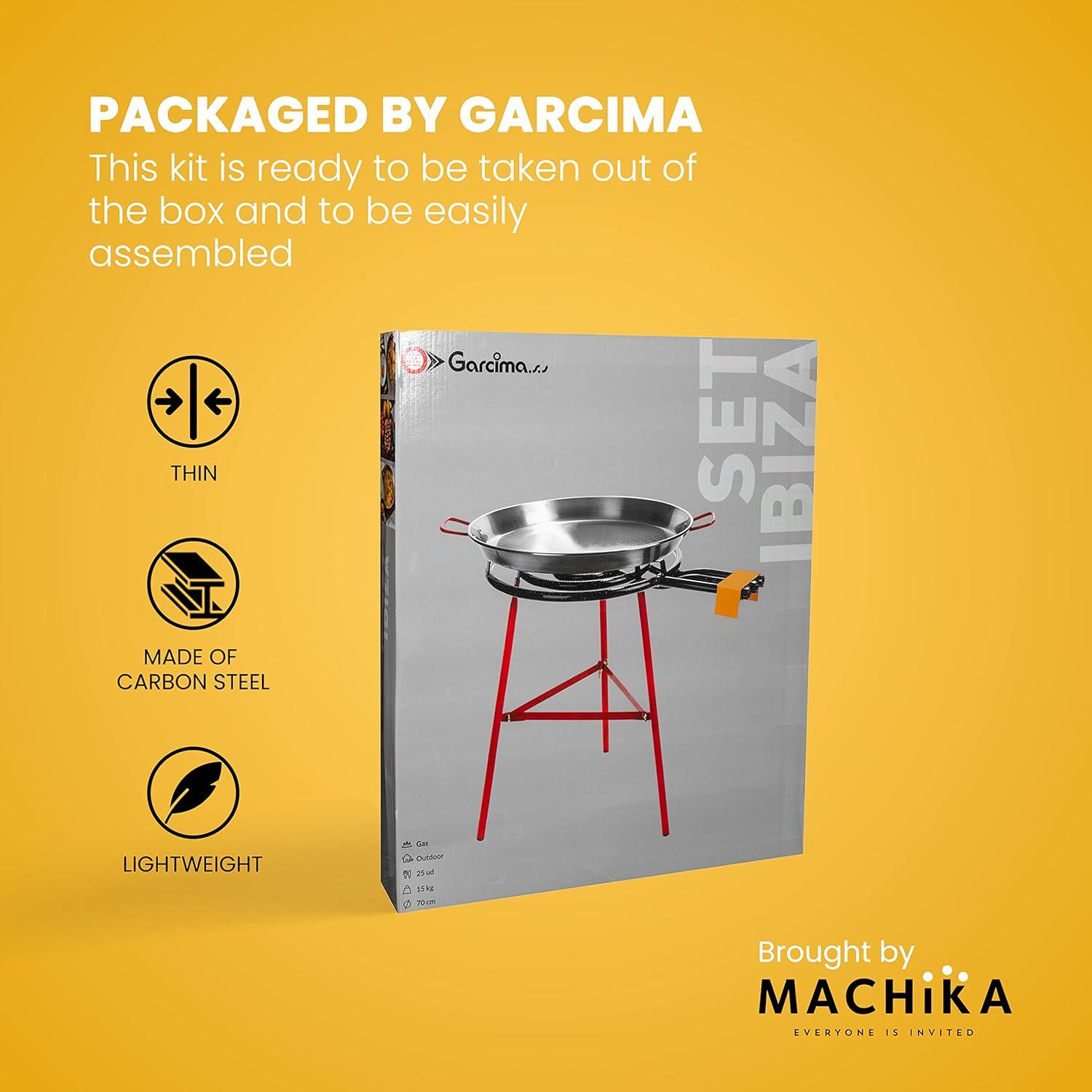 Machika Paella Pan Set with Burner Carbon Steel Outdoor Pan and Legs Manufactured by Garcima (Andreu I 12 Servings)