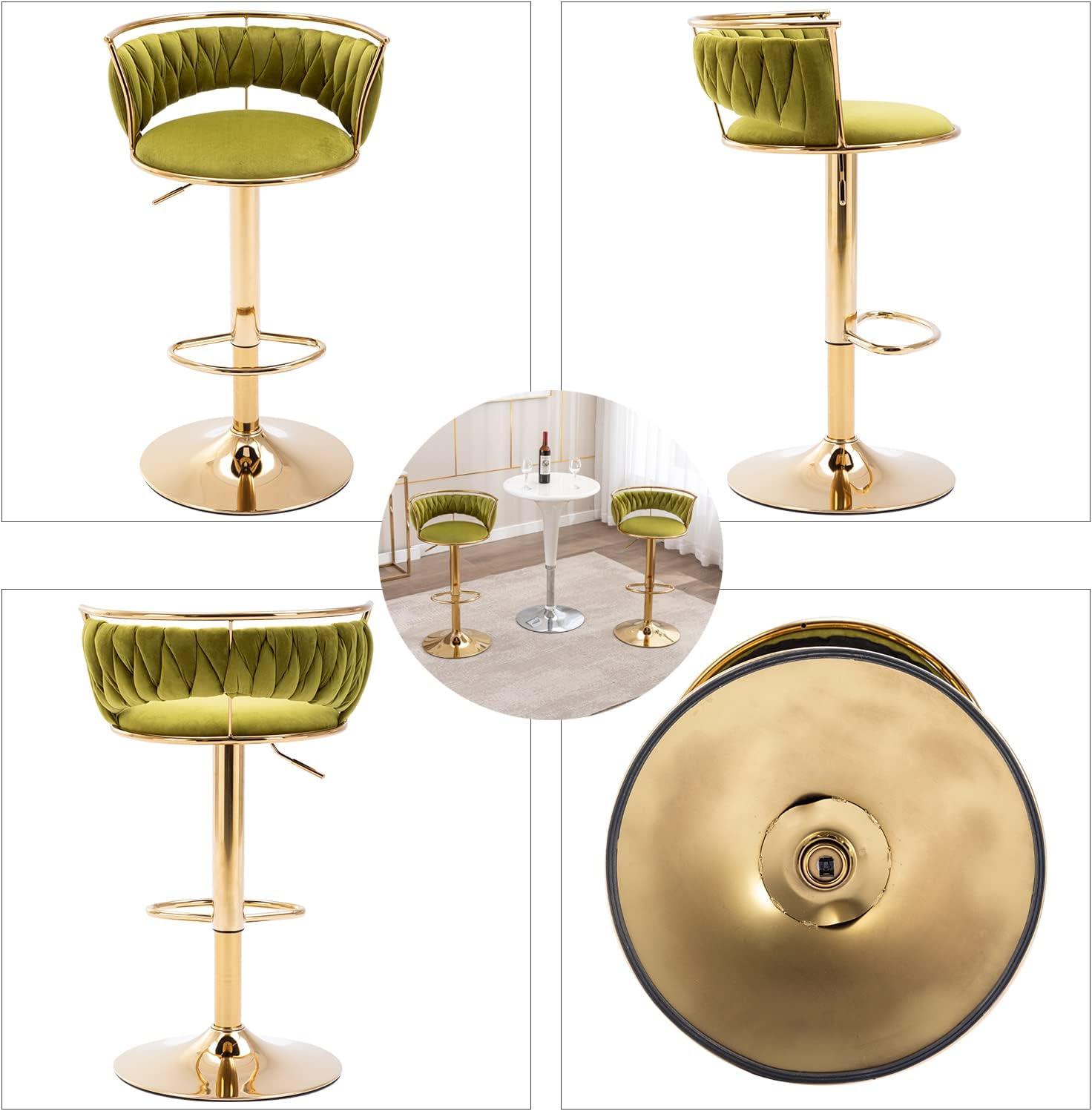 Emerald Green Velvet Adjustable Swivel Bar Stools with Gold Base, Set of 2