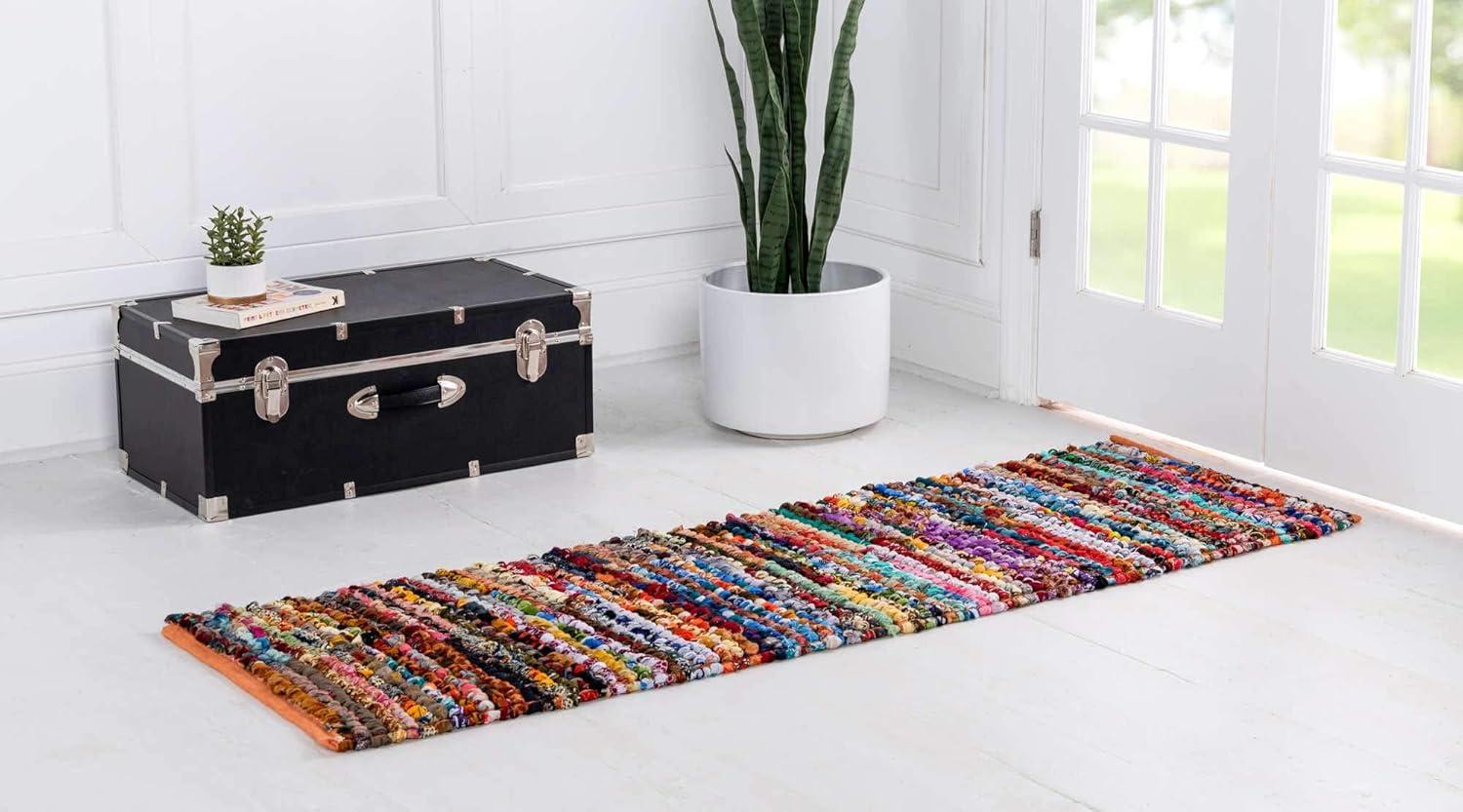 Unique Loom Braided Chindi Collection Area Rug - Multi-Striped (2' 2" x 6' 1" Runner Multi/Black)