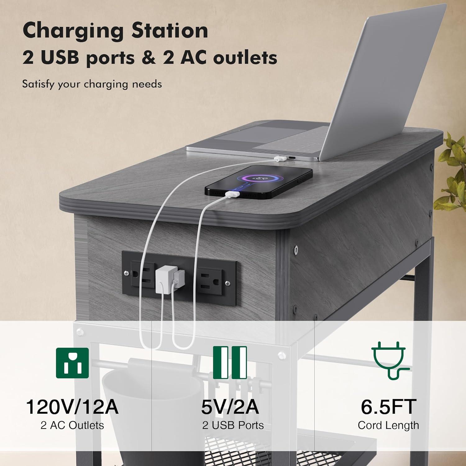 Colima Lift Top End Table with Charging Station and Wheels, Sofa Side Table with USB Port & AC Outlets, Movable Bedside Nightstand with Side Bag for Office Living Room Bedroom(Gray)