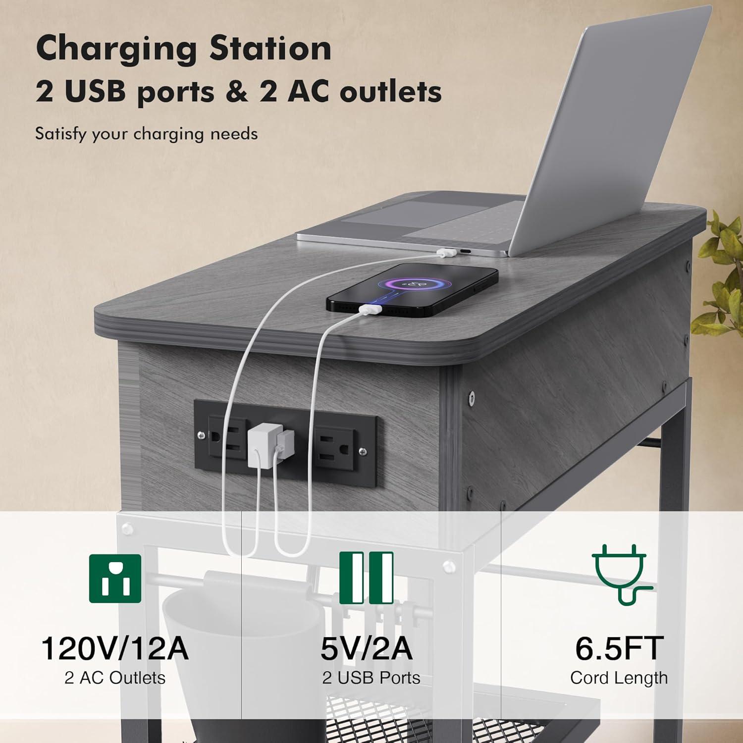 Colima Lift Top End Table with Charging Station and Wheels, Sofa Side Table with USB Port & AC Outlets, Movable Bedside Nightstand with Side Bag for Office Living Room Bedroom(Gray)