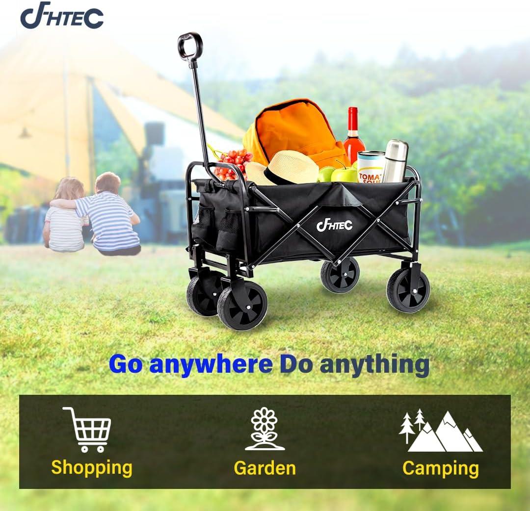 Folding Wagon Cart Heavy Duty Collapsible Utility Wagon Outdoor Camping Garden Cart with Universal Wheels for Camping, Sports, Shopping (All Black)