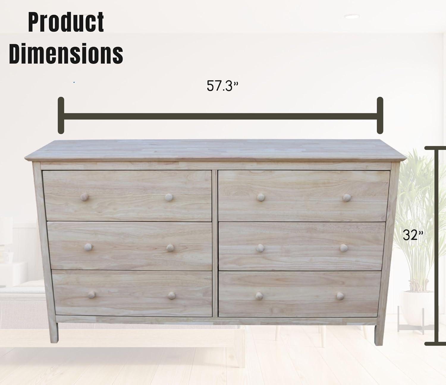 Dresser with 6 Drawers Unfinished - International Concepts: Solid Parawood Bedroom Storage