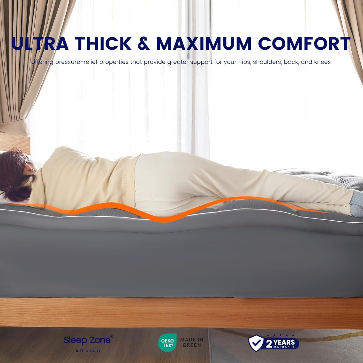 SLEEP ZONE Mattress Topper Full Size, Extra Thick Fitted Mattress Pad for Back Pain, Plush and Support Mattress Cover, Deep Pockets Mattress Protector, Hotel Quality (Grey, Full)