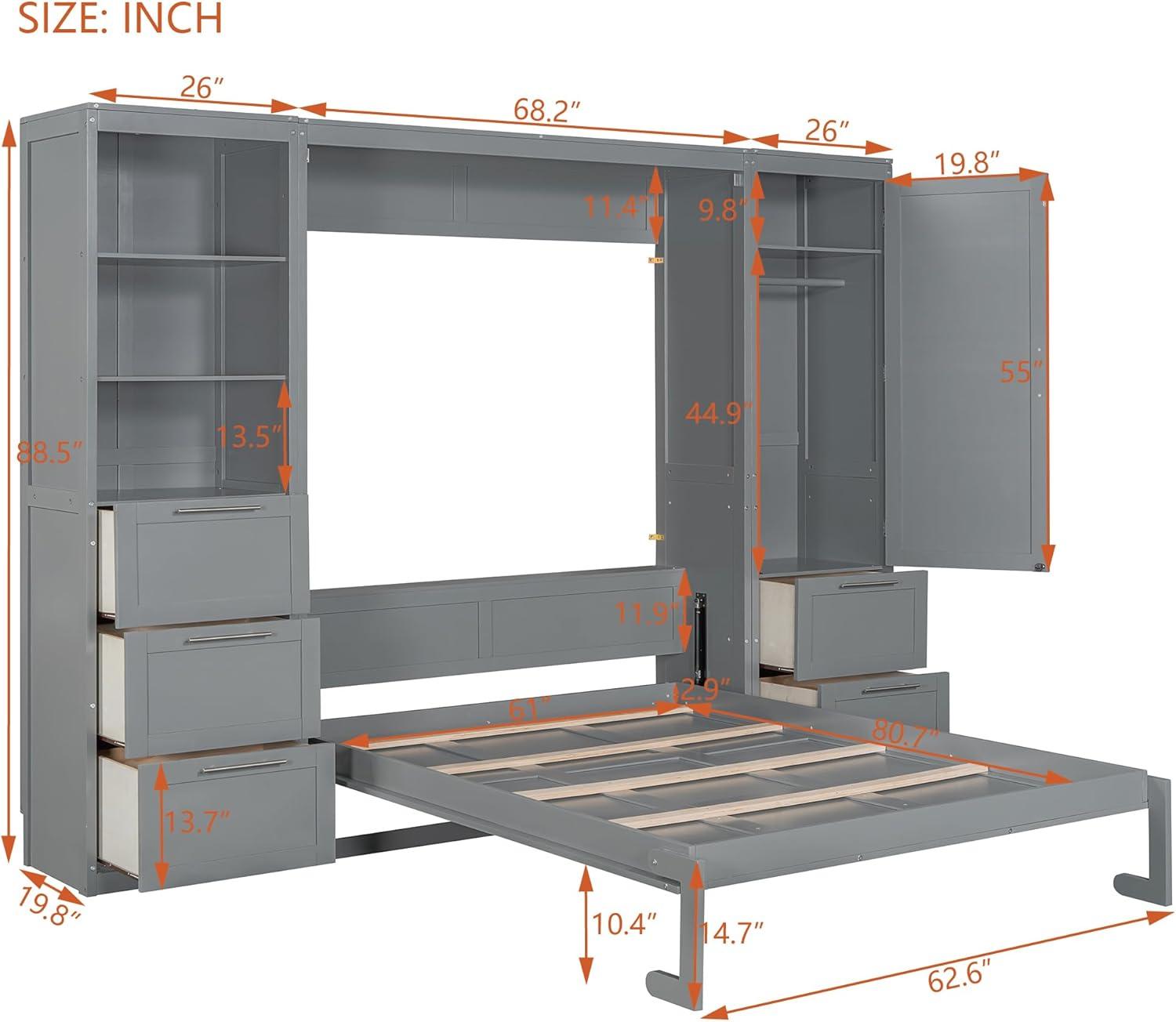 Queen Size Murphy Bed, Queen Wall Bed with Closet, Drawers and Shelves for Home Office Small Space, No Spring Box Needed, Gray