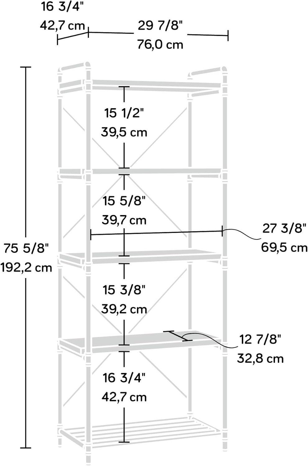 76" Tall Iron City Bookshelf Checked Oak - Sauder: 5-Shelf Metal Frame, Farmhouse Style, Rustic Storage: Vertical Shelving Unit