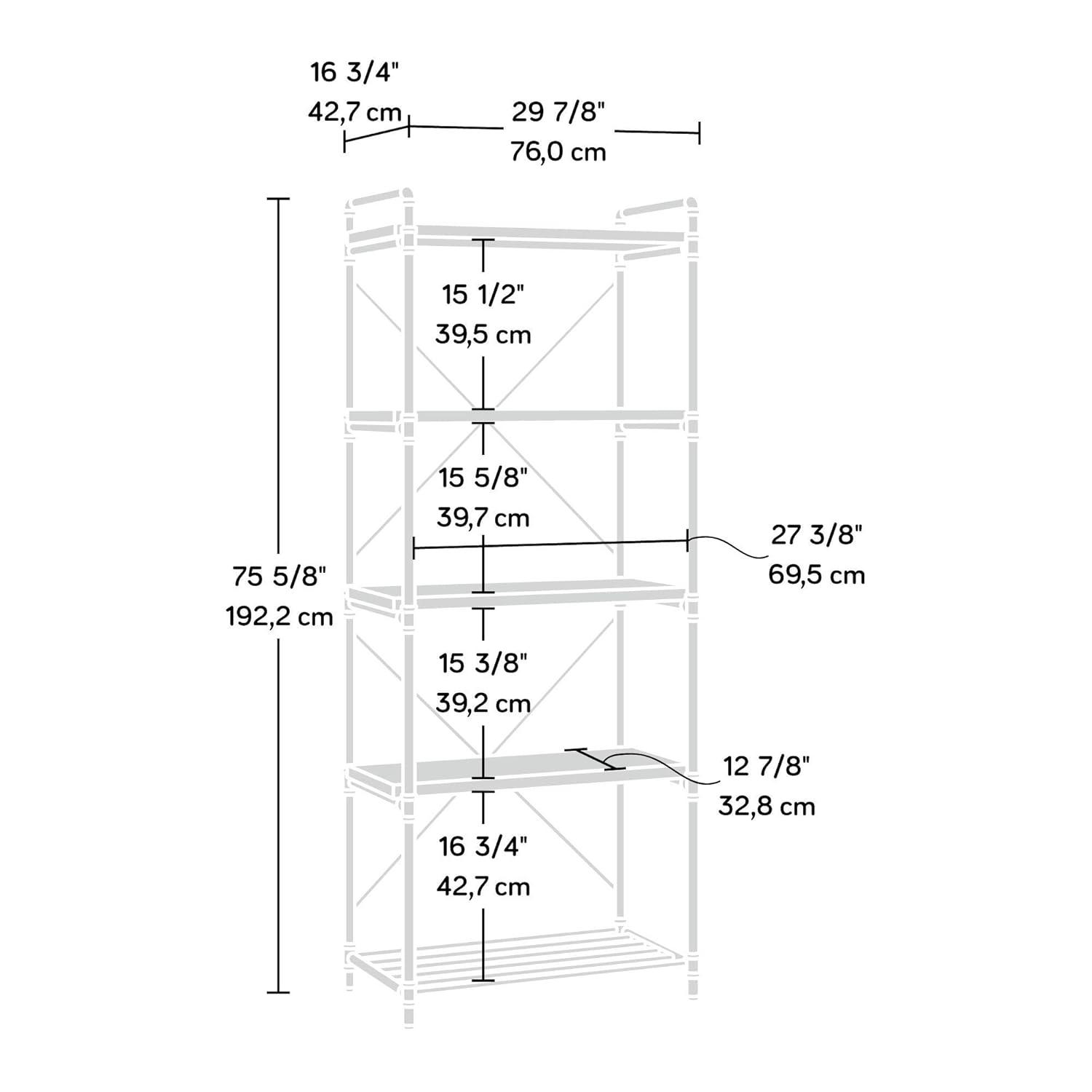 76" Tall Iron City Bookshelf Checked Oak - Sauder: 5-Shelf Metal Frame, Farmhouse Style, Rustic Storage: Vertical Shelving Unit